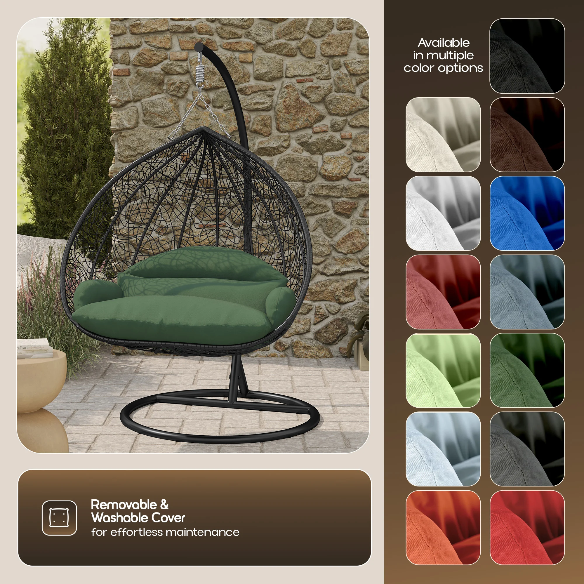 Recluse Collection Modern Outdoor Swing Chair Black Frame with ES57 Dark Green Cushion