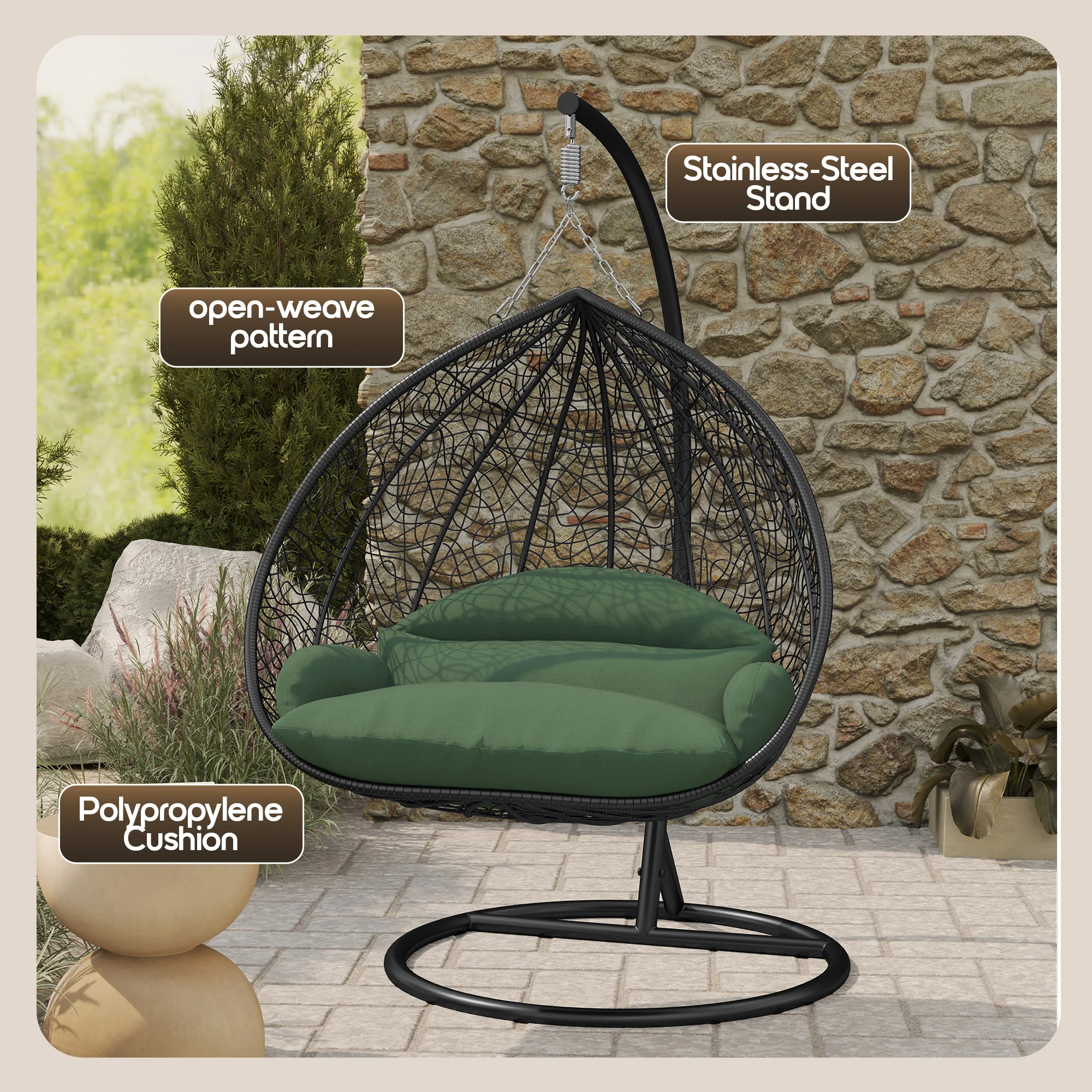 Recluse Collection Modern Outdoor Swing Chair Black Frame with ES57 Dark Green Cushion