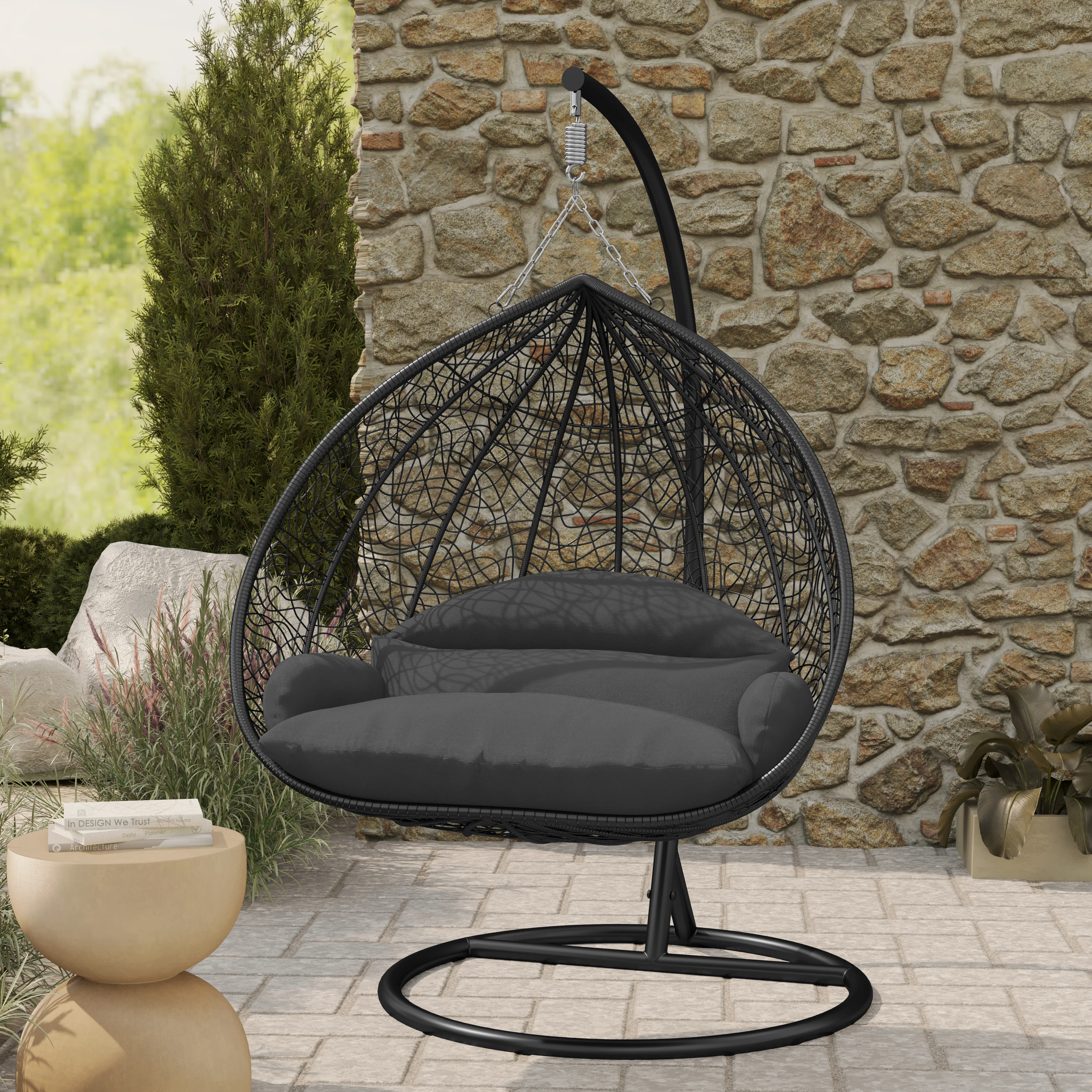 Recluse Collection Modern Outdoor Swing Chair Black Frame with ES57 Dark Grey Cushion