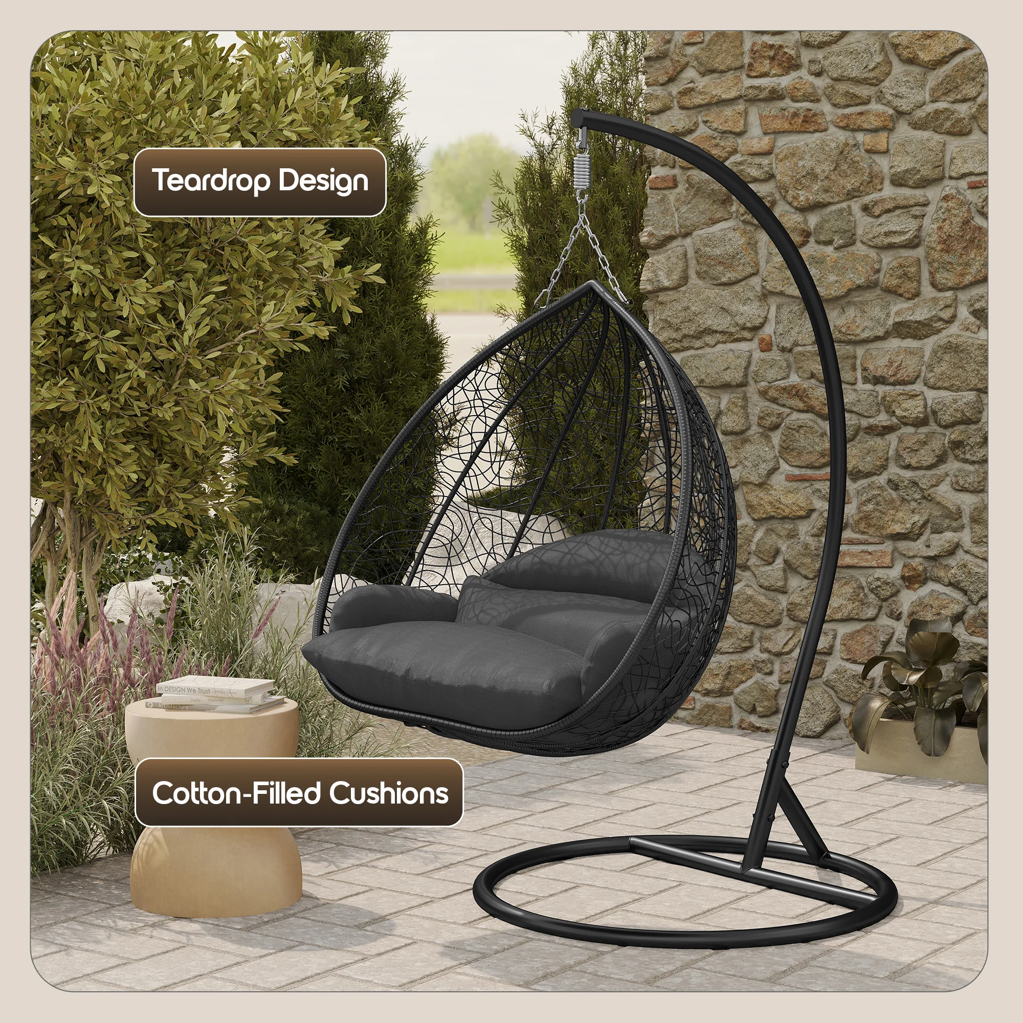 Recluse Collection Modern Outdoor Swing Chair Black Frame with ES57 Dark Grey Cushion