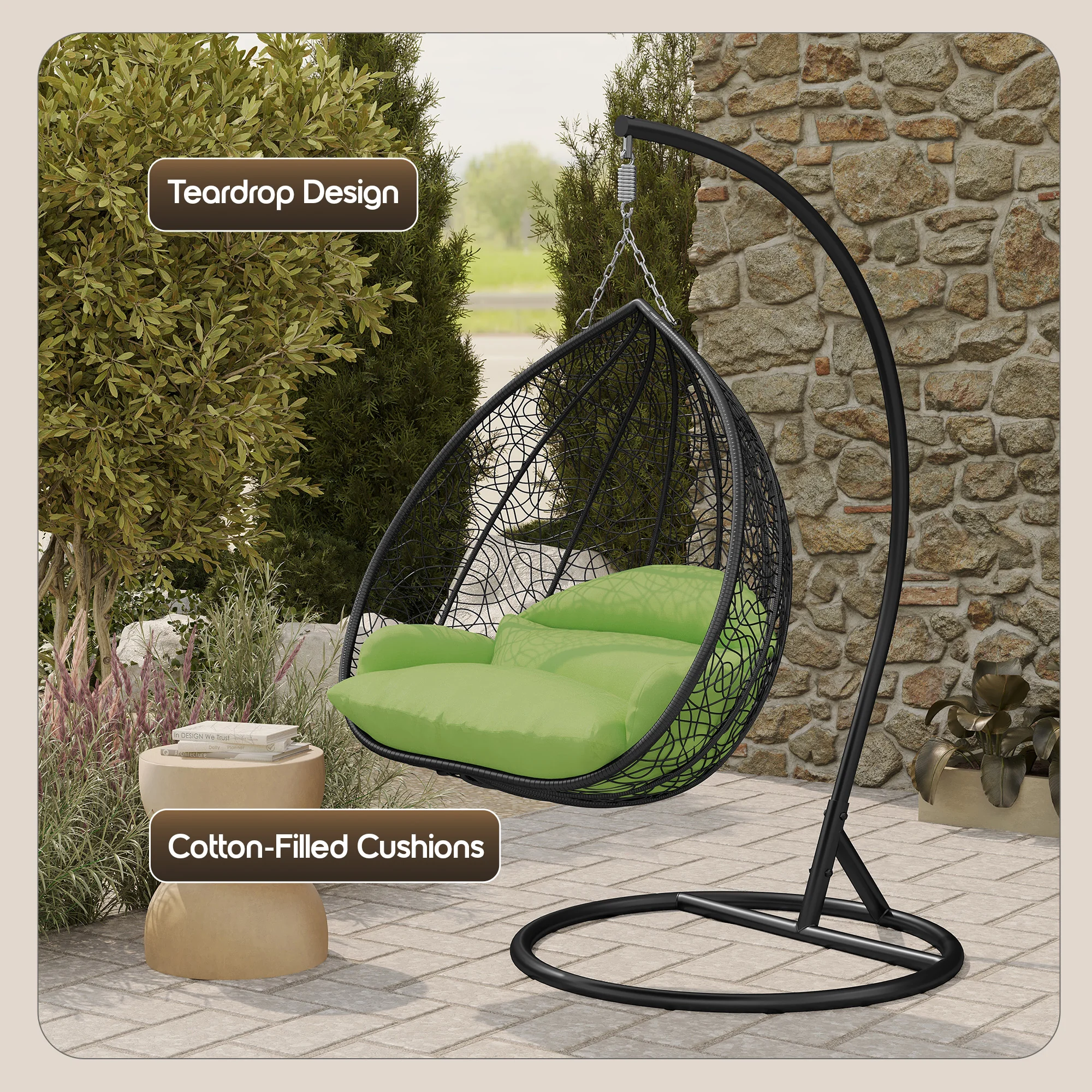Recluse Collection Modern Outdoor Swing Chair Black Frame with ES57 Light Green Cushion