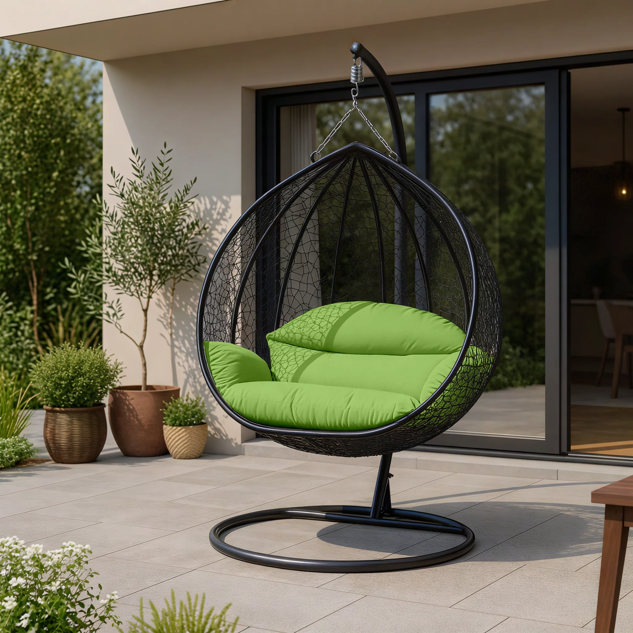 Recluse Collection Modern Outdoor Swing Chair Black Frame with ES57 Light Green Cushion