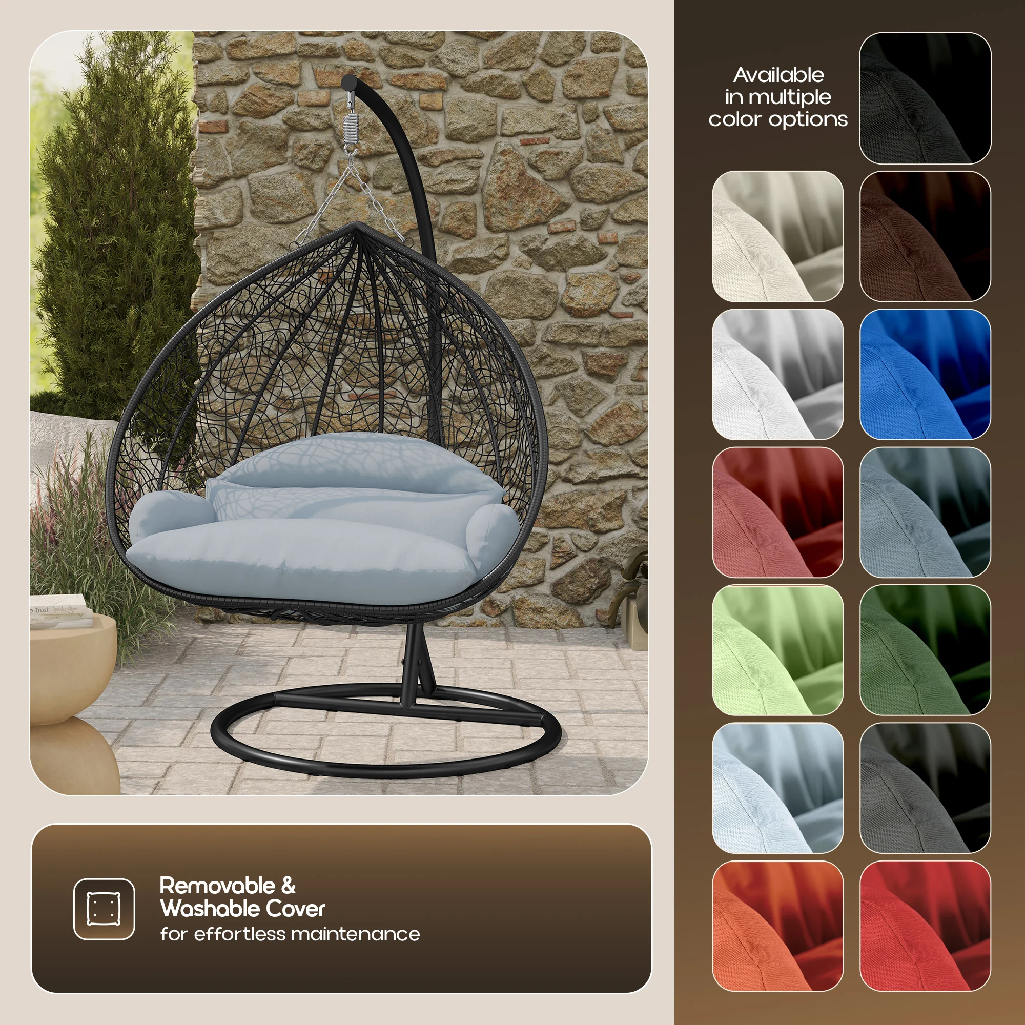 Recluse Collection Modern Outdoor Swing Chair Black Frame with ES57 Light Grey Cushion
