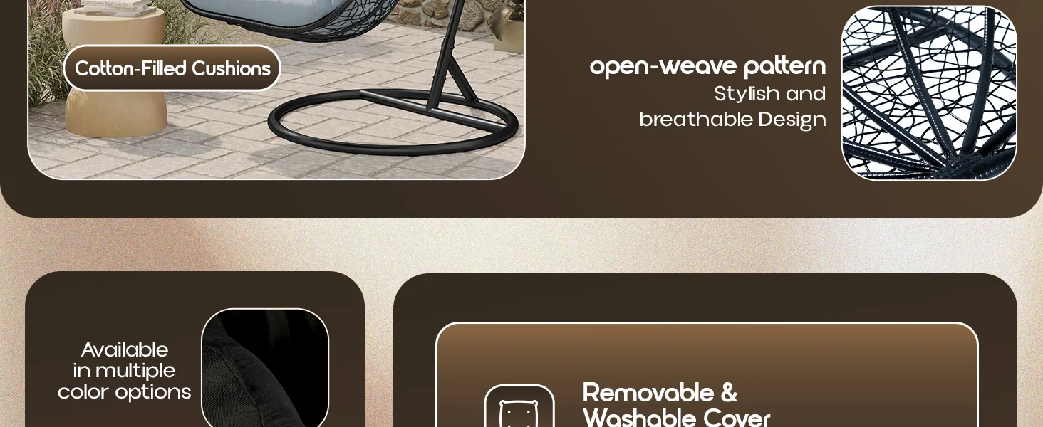 Recluse Collection Modern Outdoor Swing Chair Black Frame with ES57 Light Grey Cushion