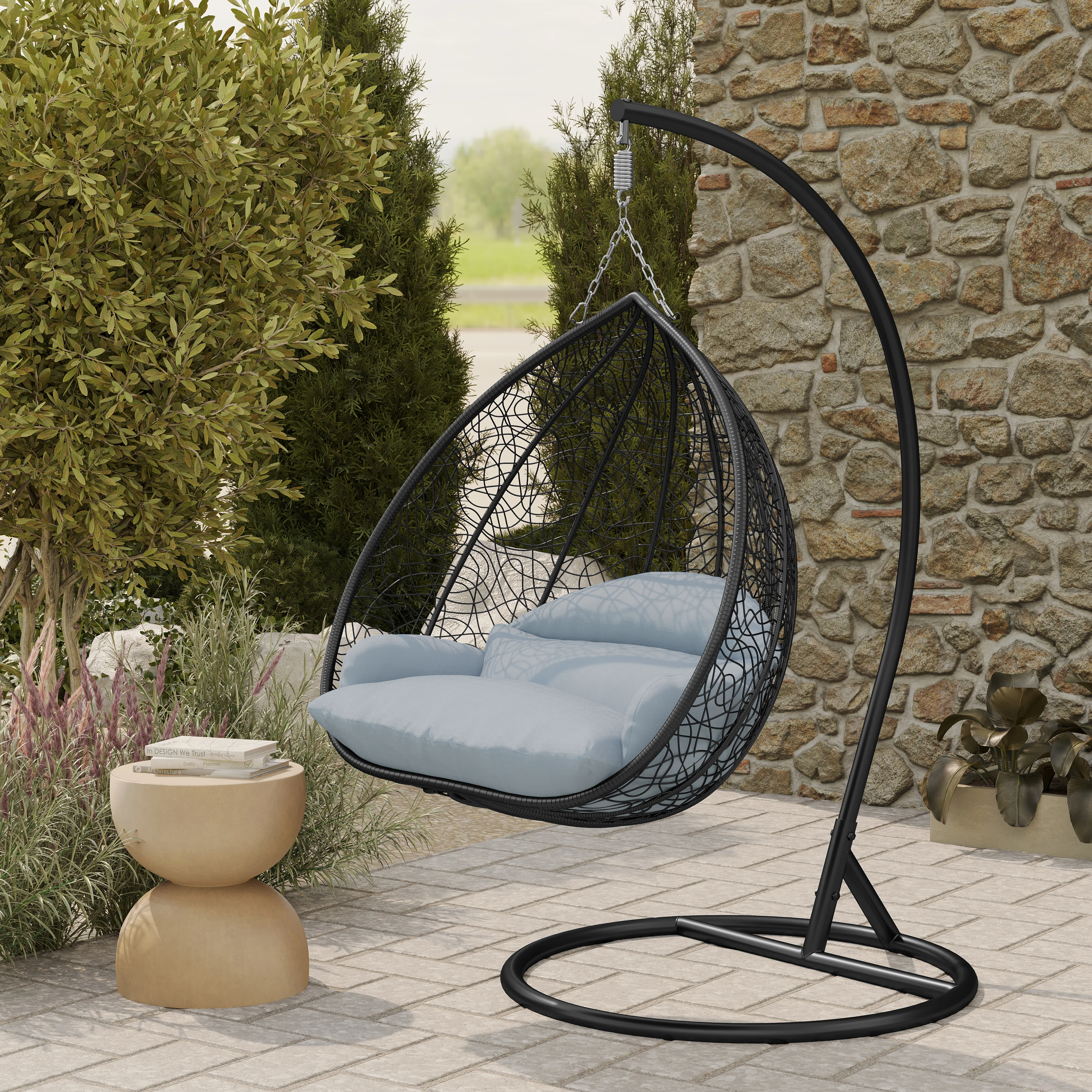 Recluse Collection Modern Outdoor Swing Chair Black Frame with ES57 Light Grey Cushion