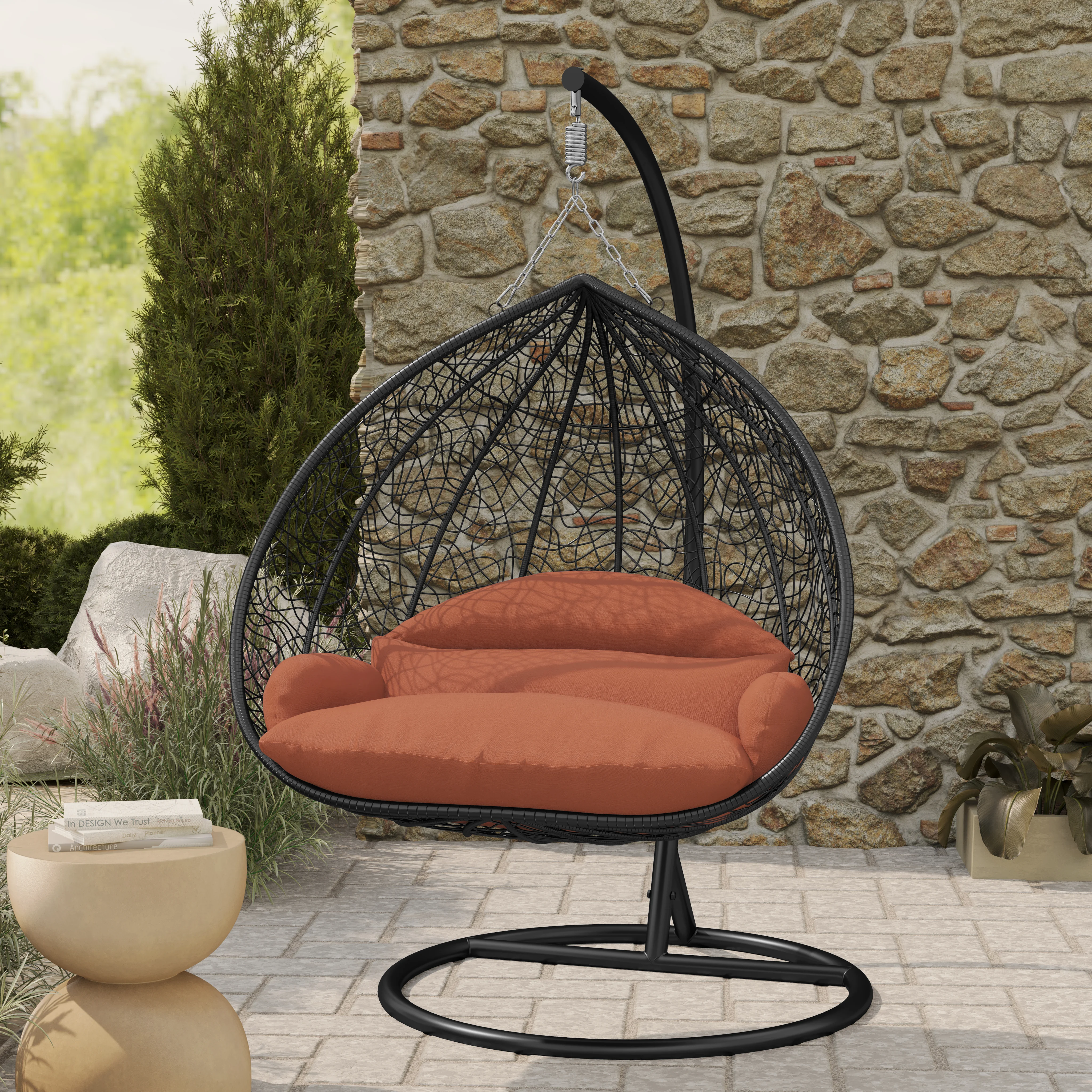 Recluse Collection Modern Outdoor Swing Chair Black Frame with ES57 Orange Cushion