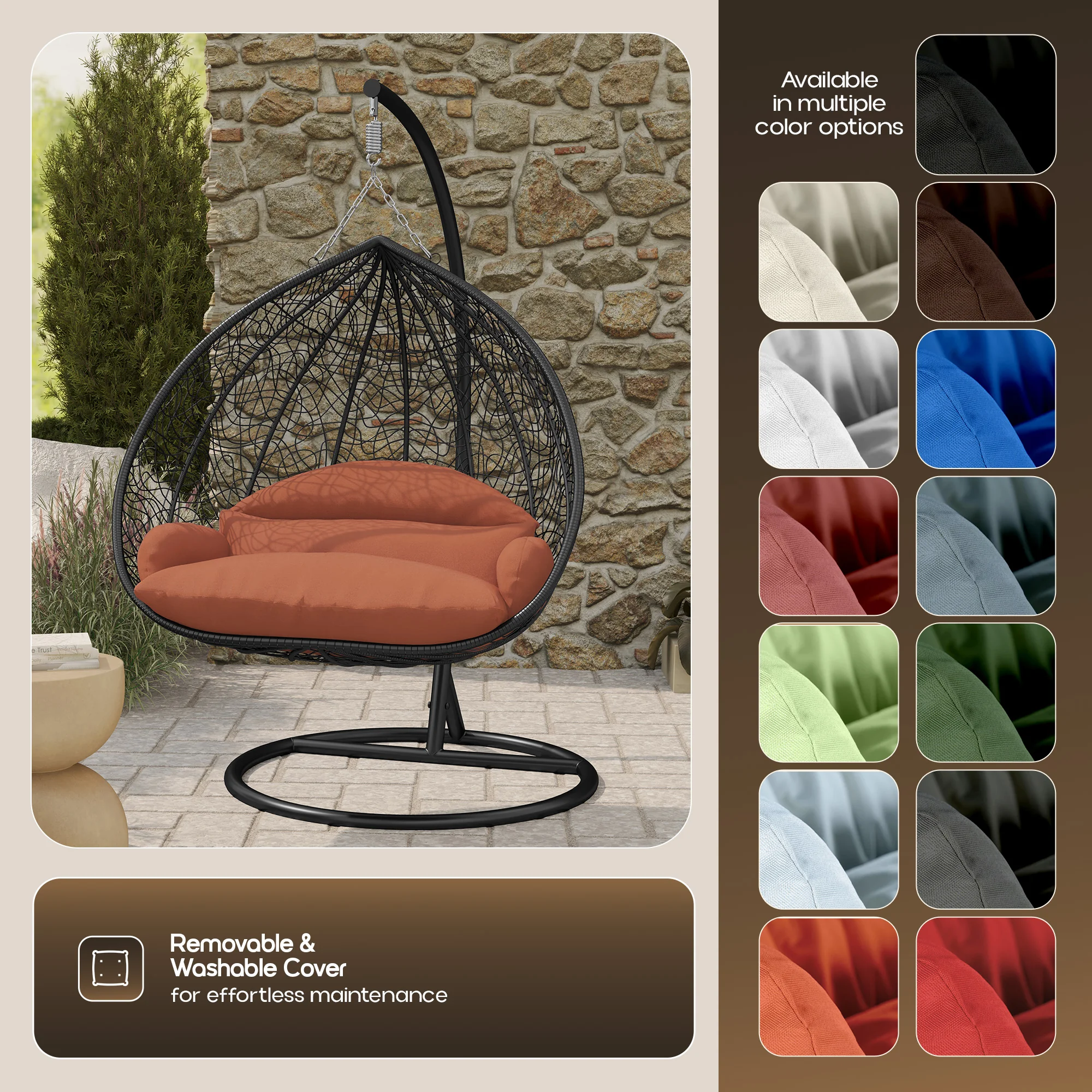 Recluse Collection Modern Outdoor Swing Chair Black Frame with ES57 Orange Cushion