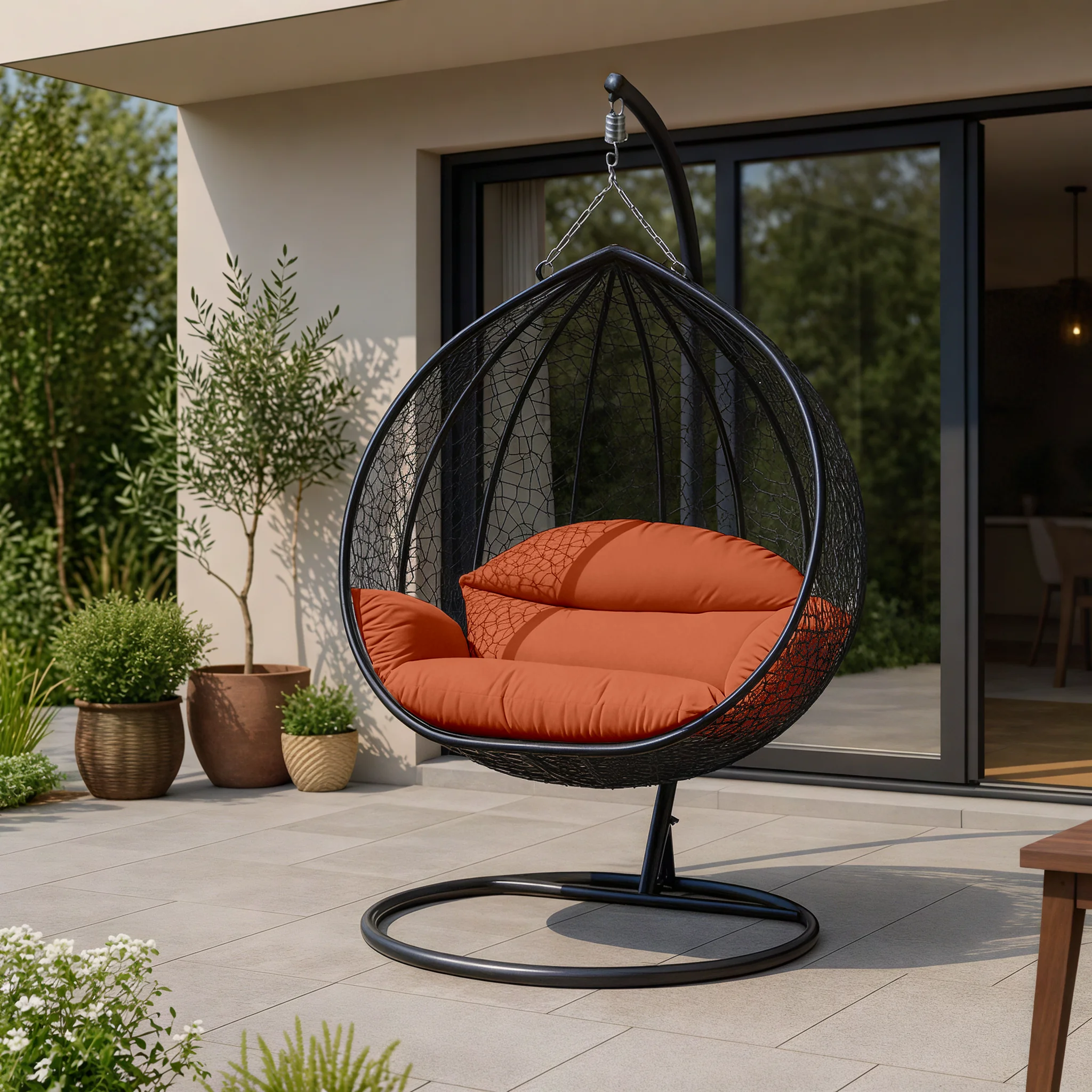 Recluse Collection Modern Outdoor Swing Chair Black Frame with ES57 Orange Cushion