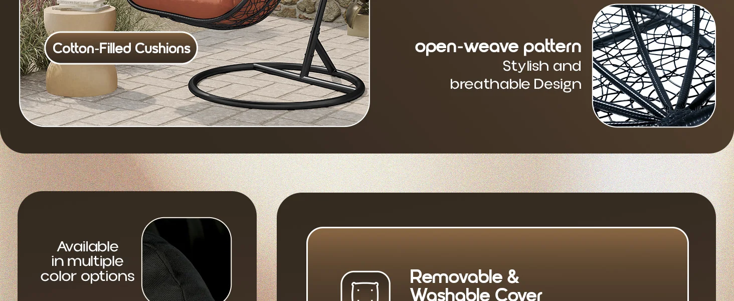 Recluse Collection Modern Outdoor Swing Chair Black Frame with ES57 Orange Cushion