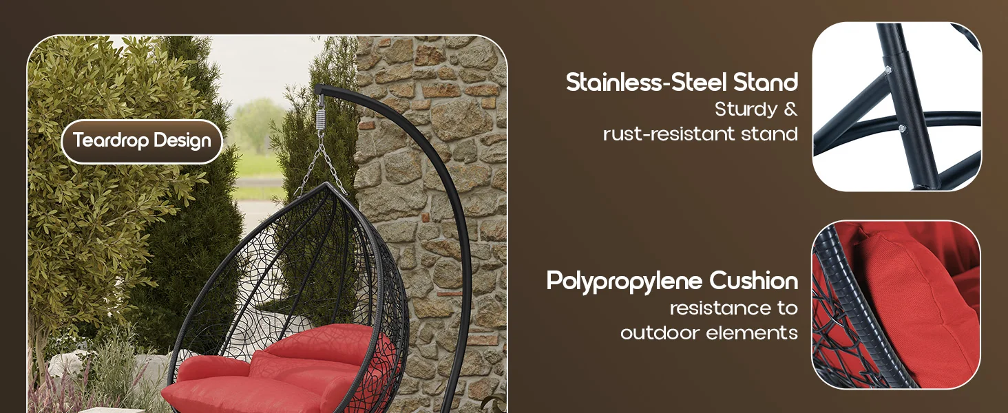 Recluse Collection Modern Outdoor Swing Chair Black Frame with ES57 Red Cushion