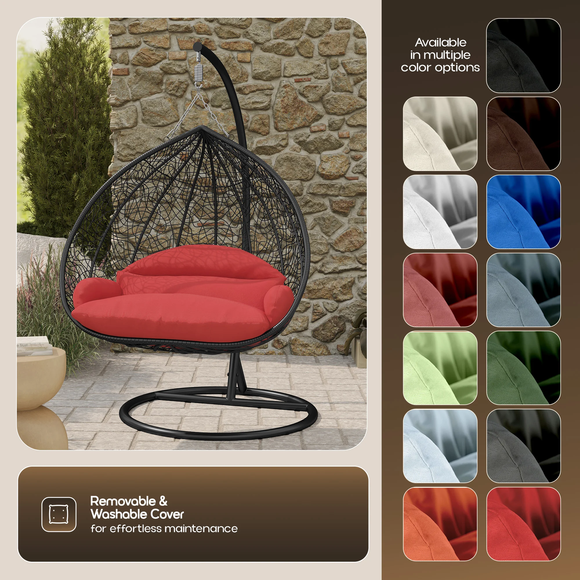 Recluse Collection Modern Outdoor Swing Chair Black Frame with ES57 Red Cushion
