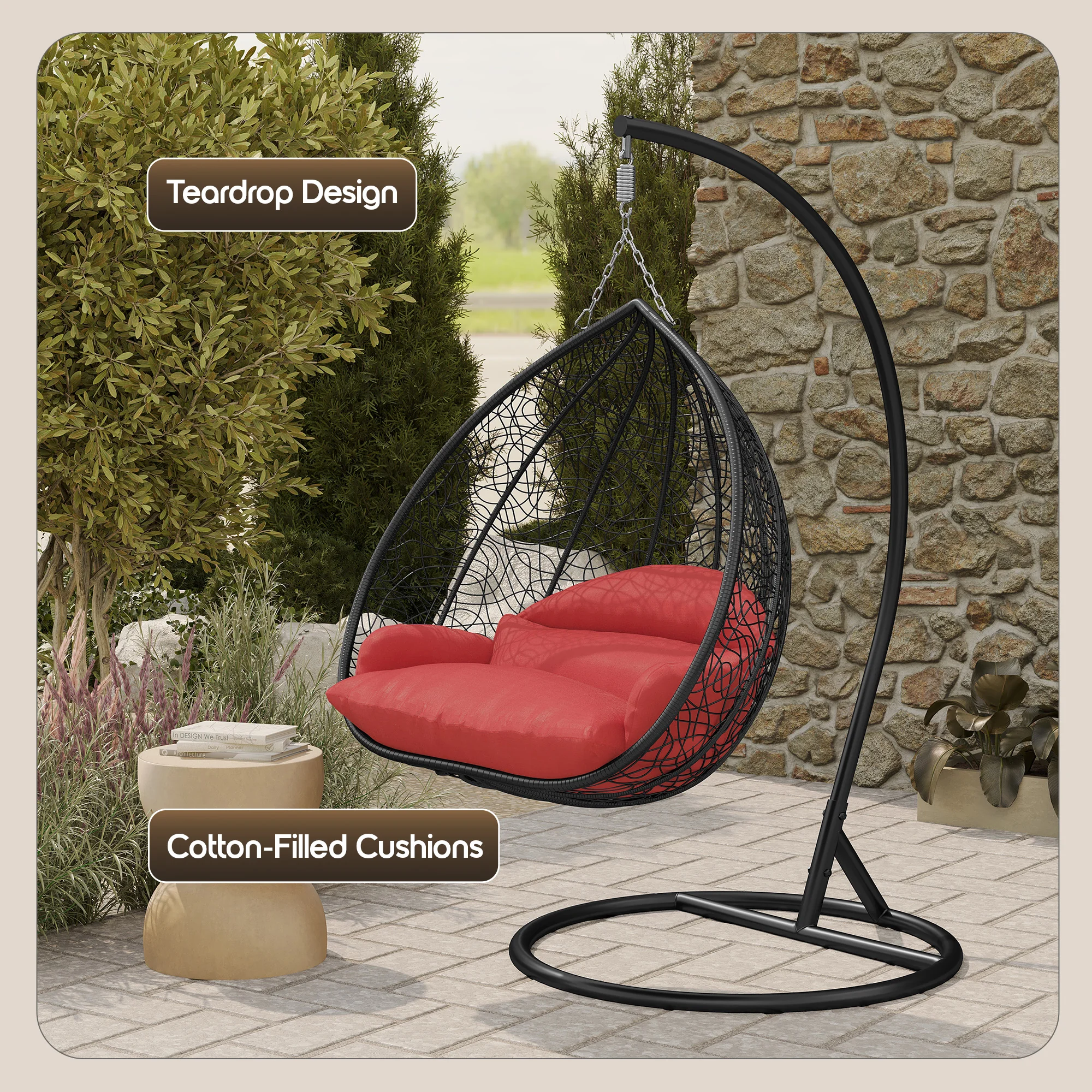 Recluse Collection Modern Outdoor Swing Chair Black Frame with ES57 Red Cushion