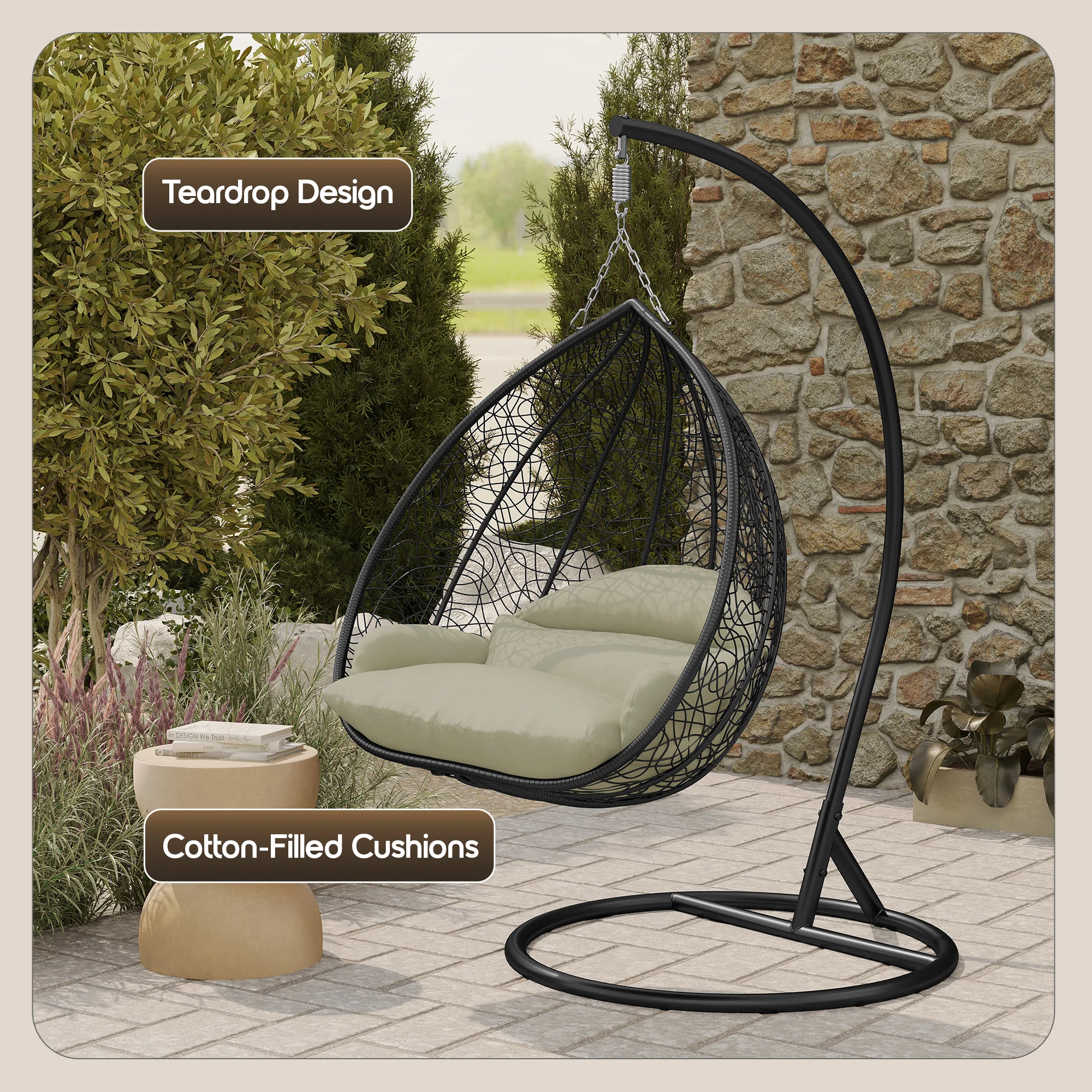 Recluse Collection Modern Outdoor Swing Chair Black Frame with ES57 Taupe Cushion