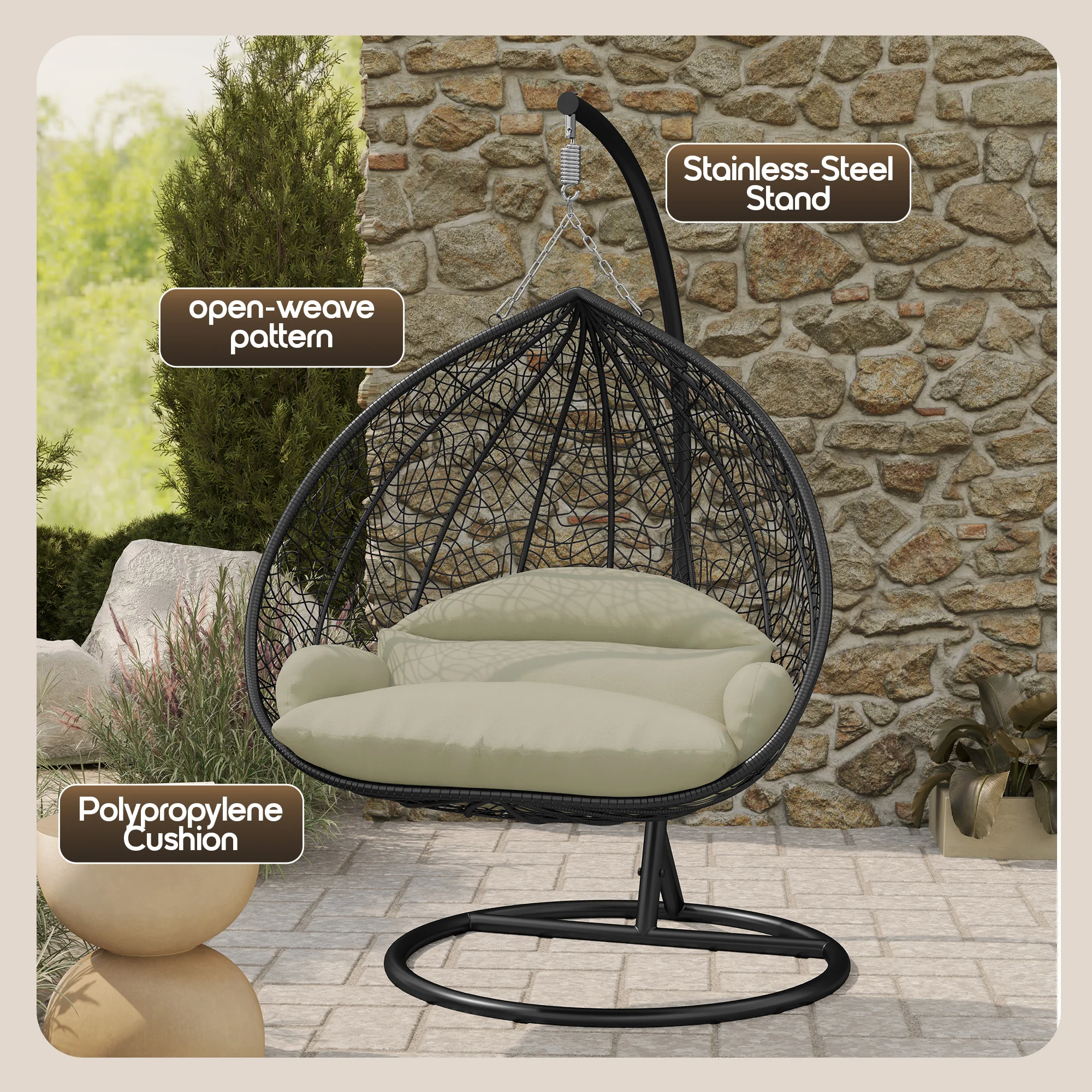 Recluse Collection Modern Outdoor Swing Chair Black Frame with ES57 Taupe Cushion