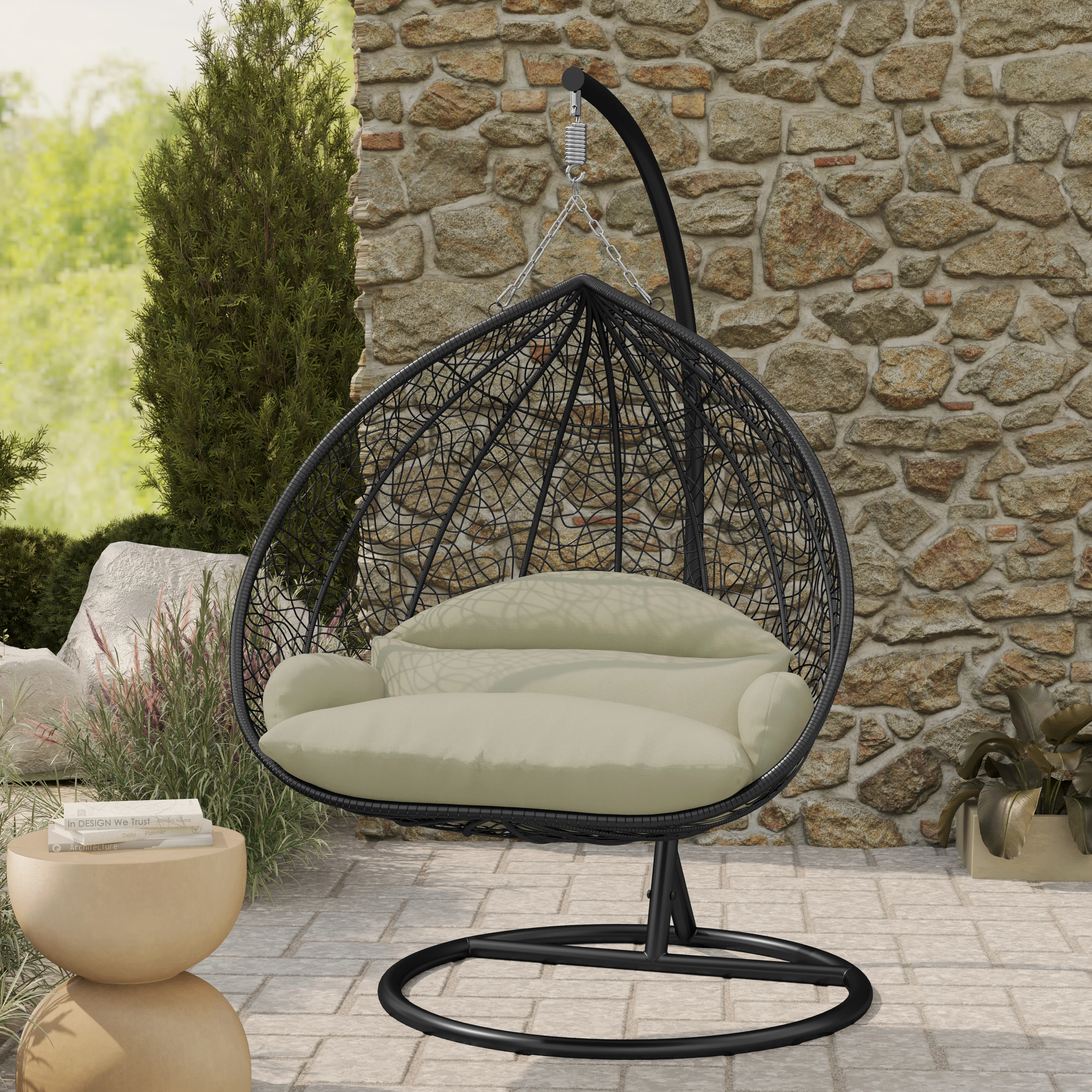 Recluse Collection Modern Outdoor Swing Chair Black Frame with ES57 Taupe Cushion