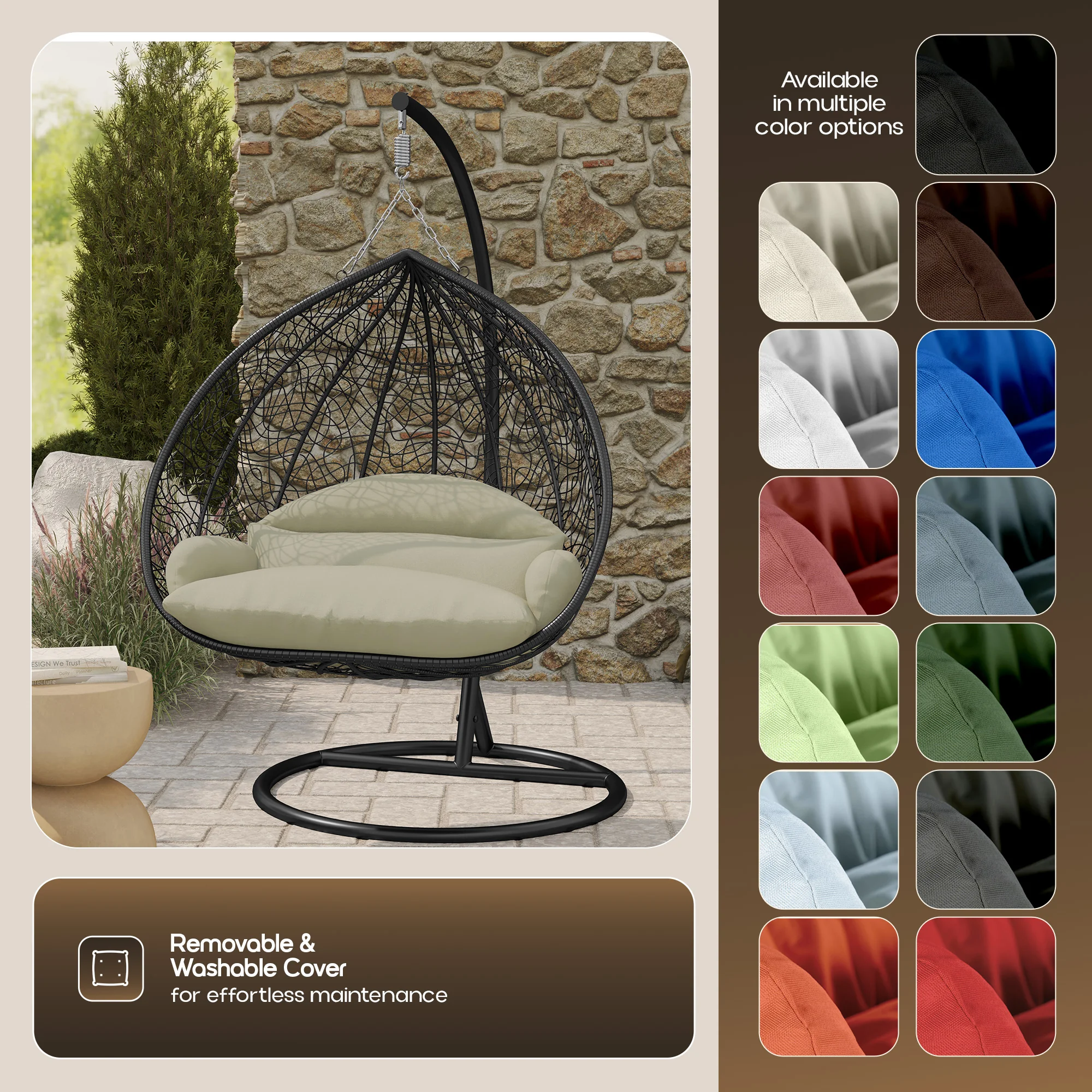Recluse Collection Modern Outdoor Swing Chair Black Frame with ES57 Taupe Cushion