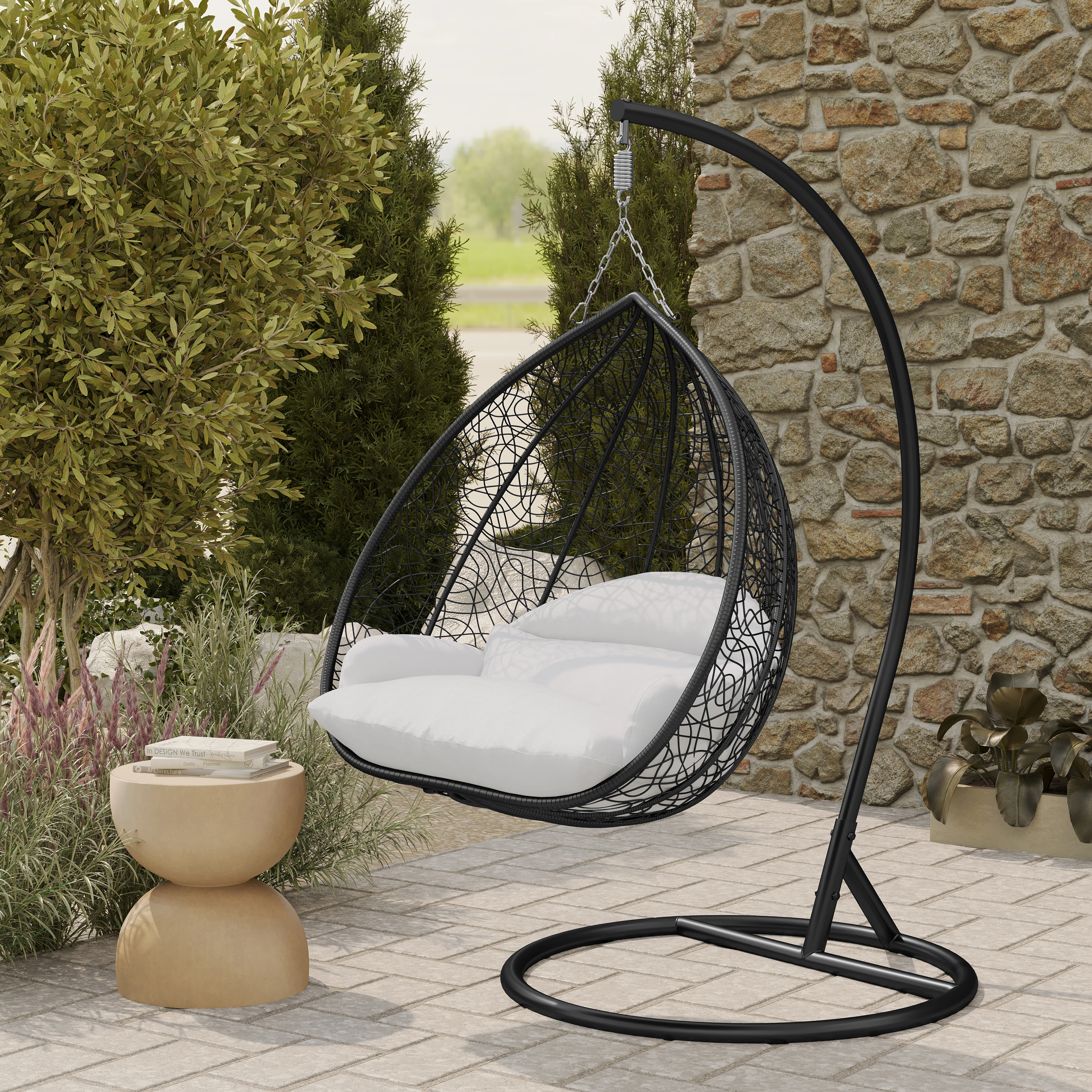 Recluse Collection Modern Outdoor Swing Chair Black Frame with ES57 White Cushion