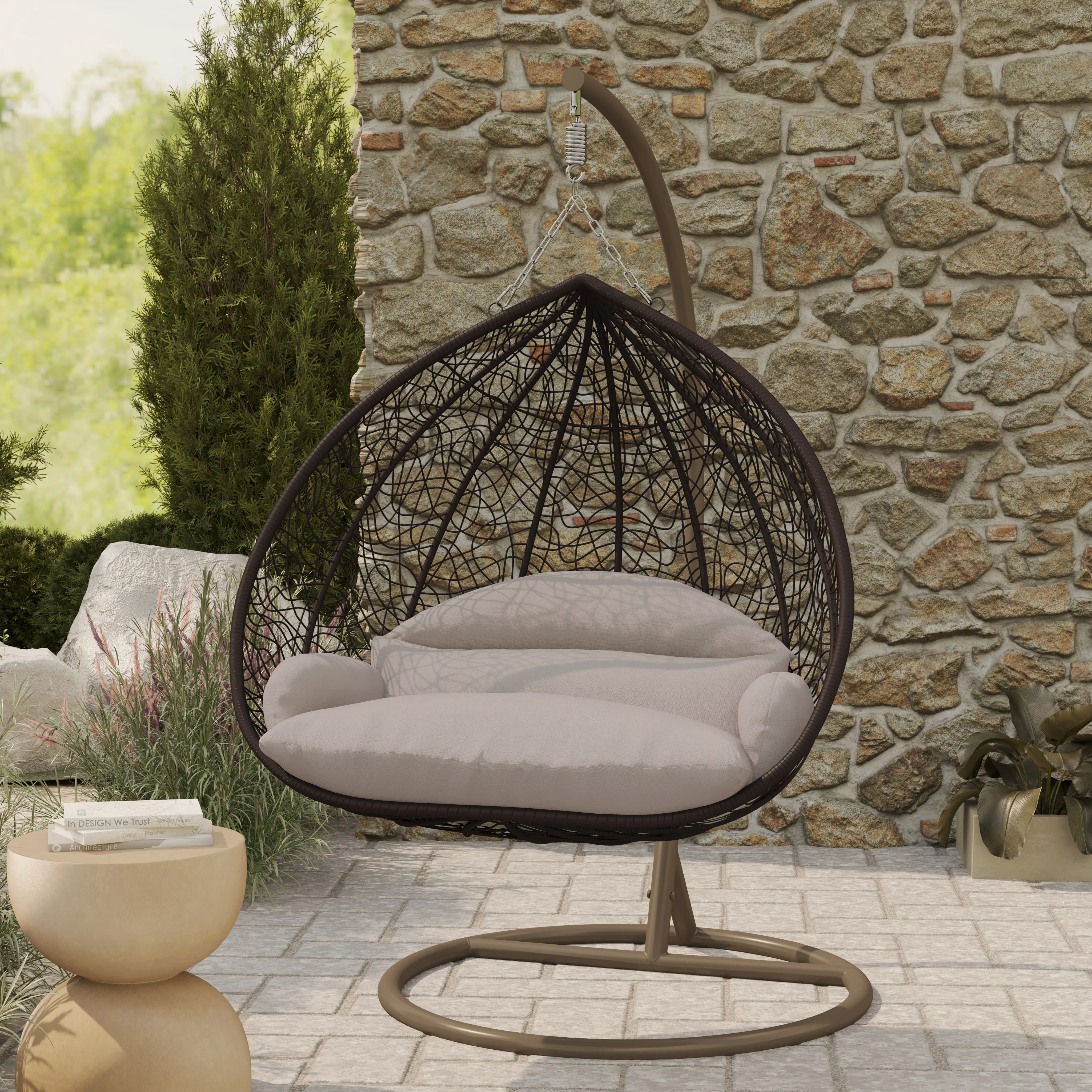 Recluse Collection Modern Outdoor Swing Chair Brown Frame with ES57 Beige Cushion