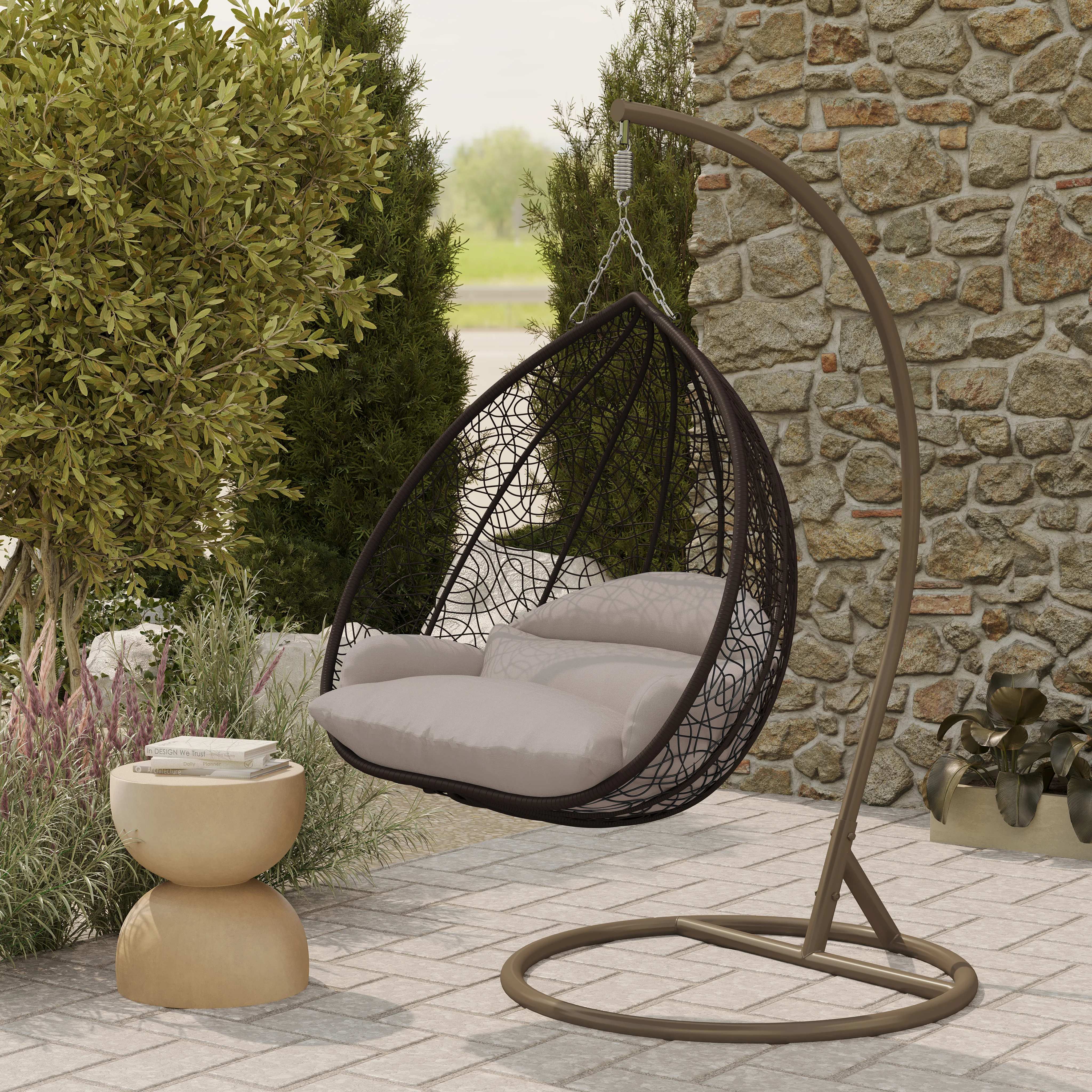 Recluse Collection Modern Outdoor Swing Chair Brown Frame with ES57 Beige Cushion