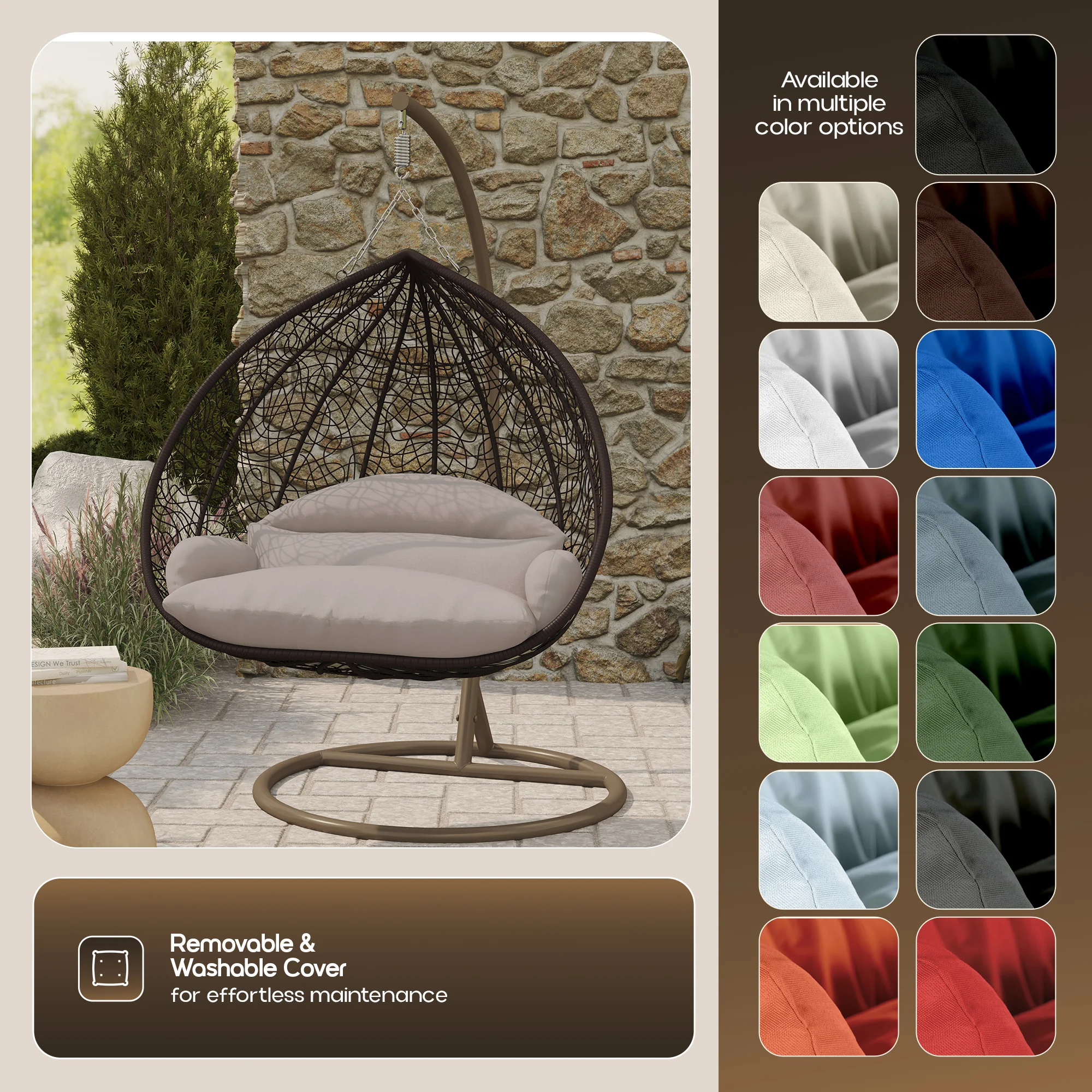 Recluse Collection Modern Outdoor Swing Chair Brown Frame with ES57 Beige Cushion