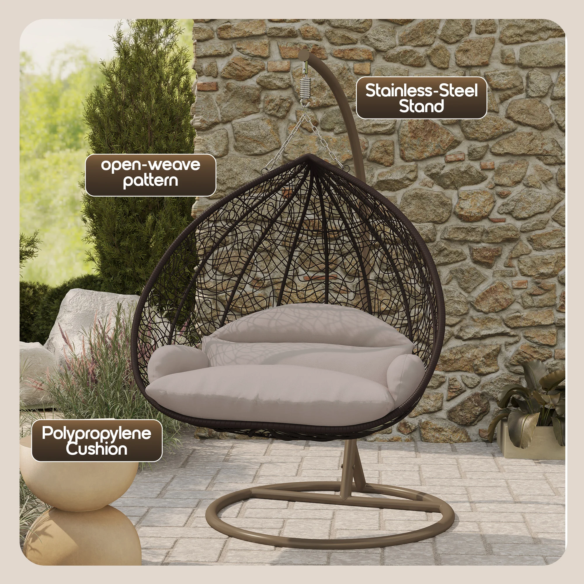Recluse Collection Modern Outdoor Swing Chair Brown Frame with ES57 Beige Cushion