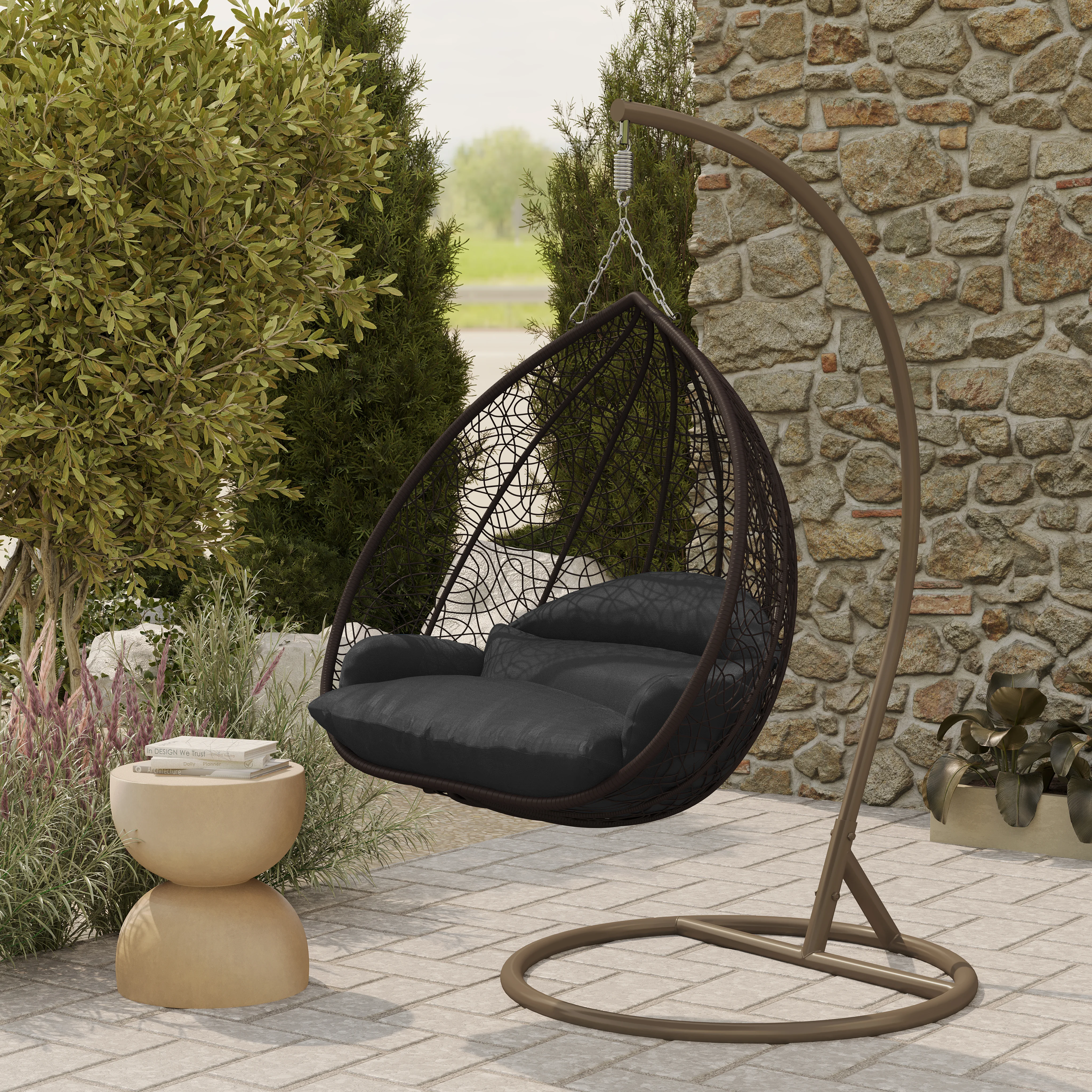 Recluse Collection Modern Outdoor Swing Chair Brown Frame with ES57 Black Cushion