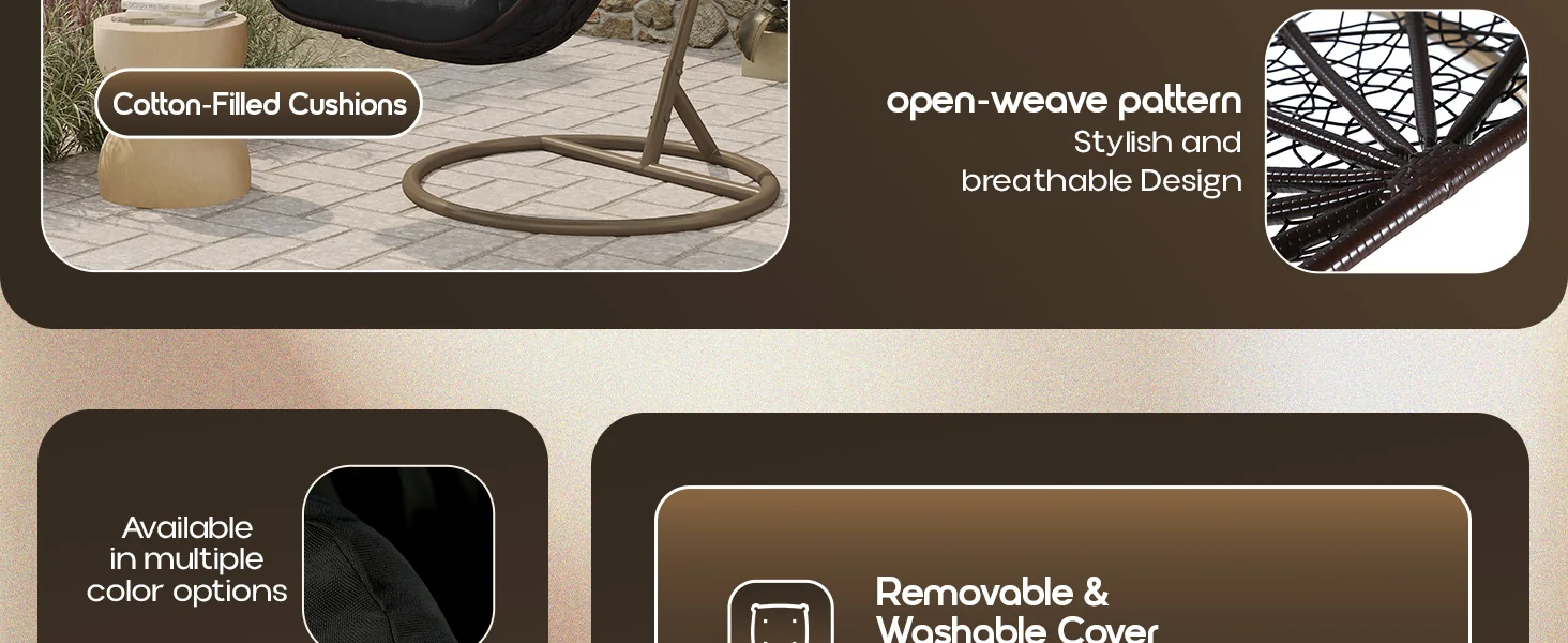 Recluse Collection Modern Outdoor Swing Chair Brown Frame with ES57 Black Cushion