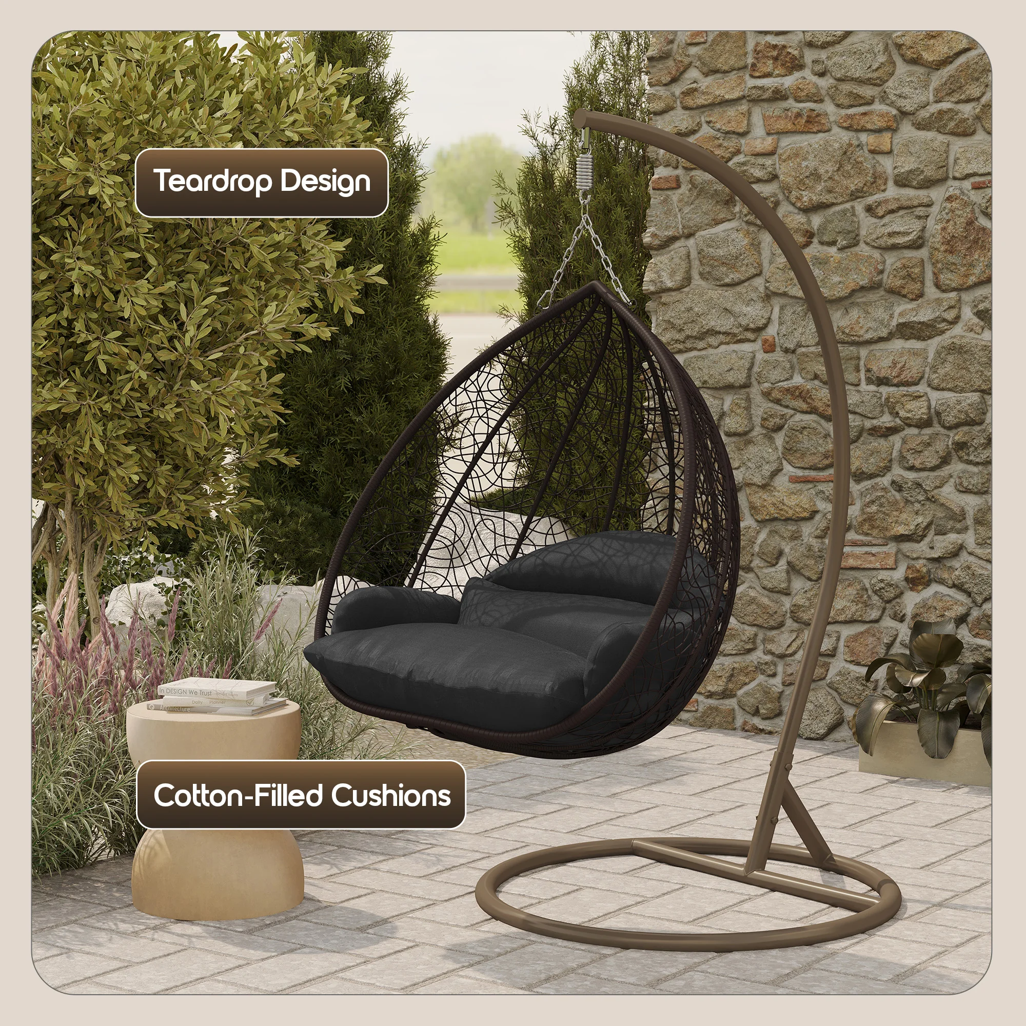 Recluse Collection Modern Outdoor Swing Chair Brown Frame with ES57 Black Cushion
