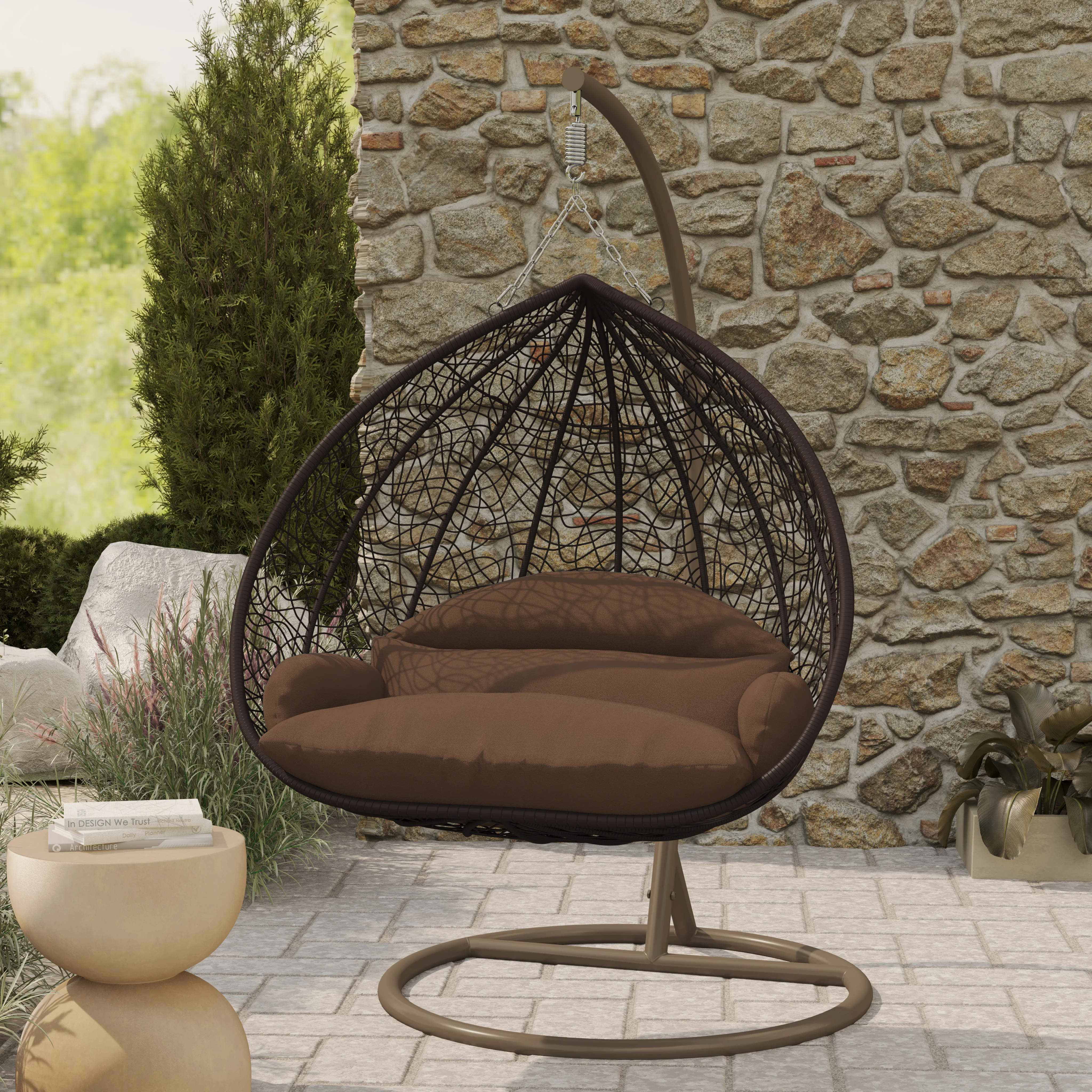 Recluse Collection Modern Outdoor Swing Chair Brown Frame with ES57 Brown Cushion