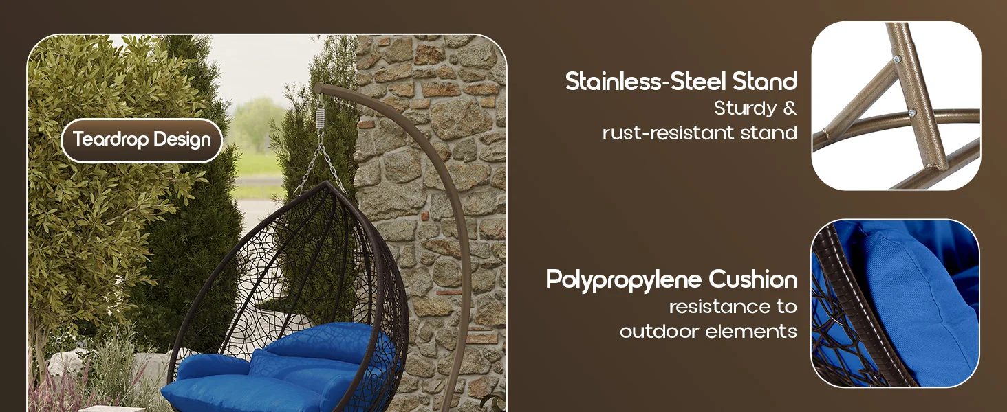 Recluse Collection Modern Outdoor Swing Chair Brown Frame with ES57 Blue Cushion