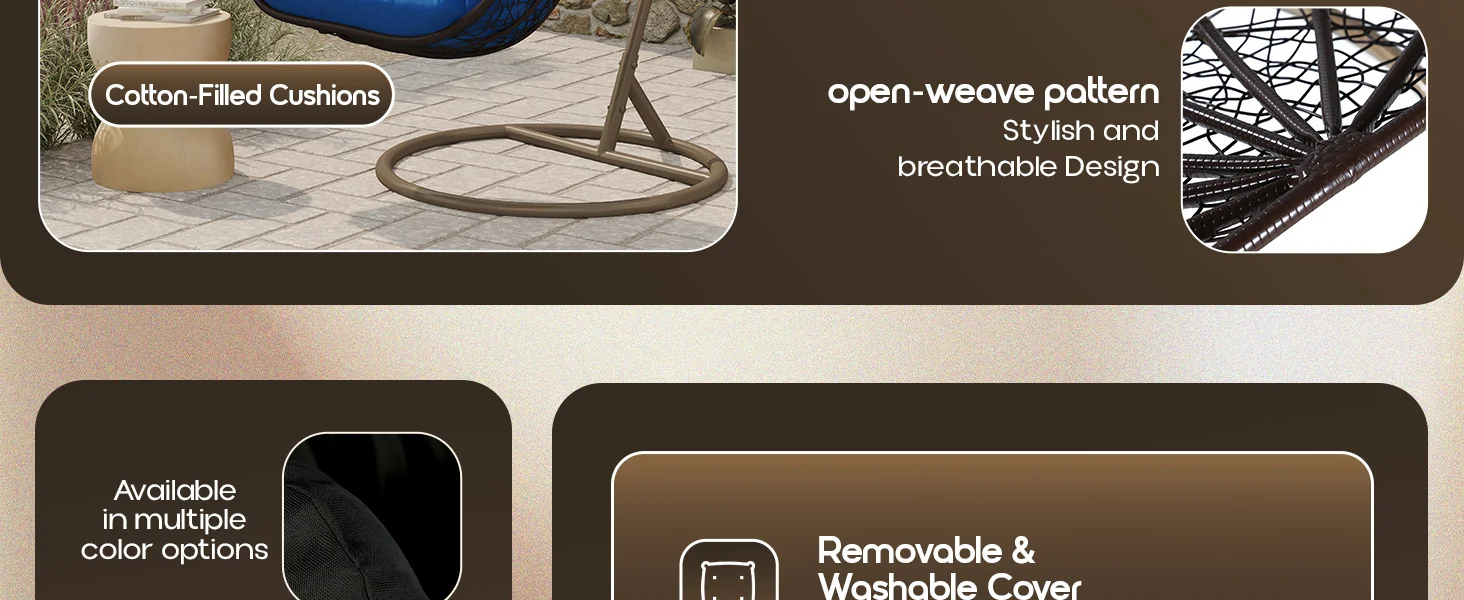 Recluse Collection Modern Outdoor Swing Chair Brown Frame with ES57 Blue Cushion