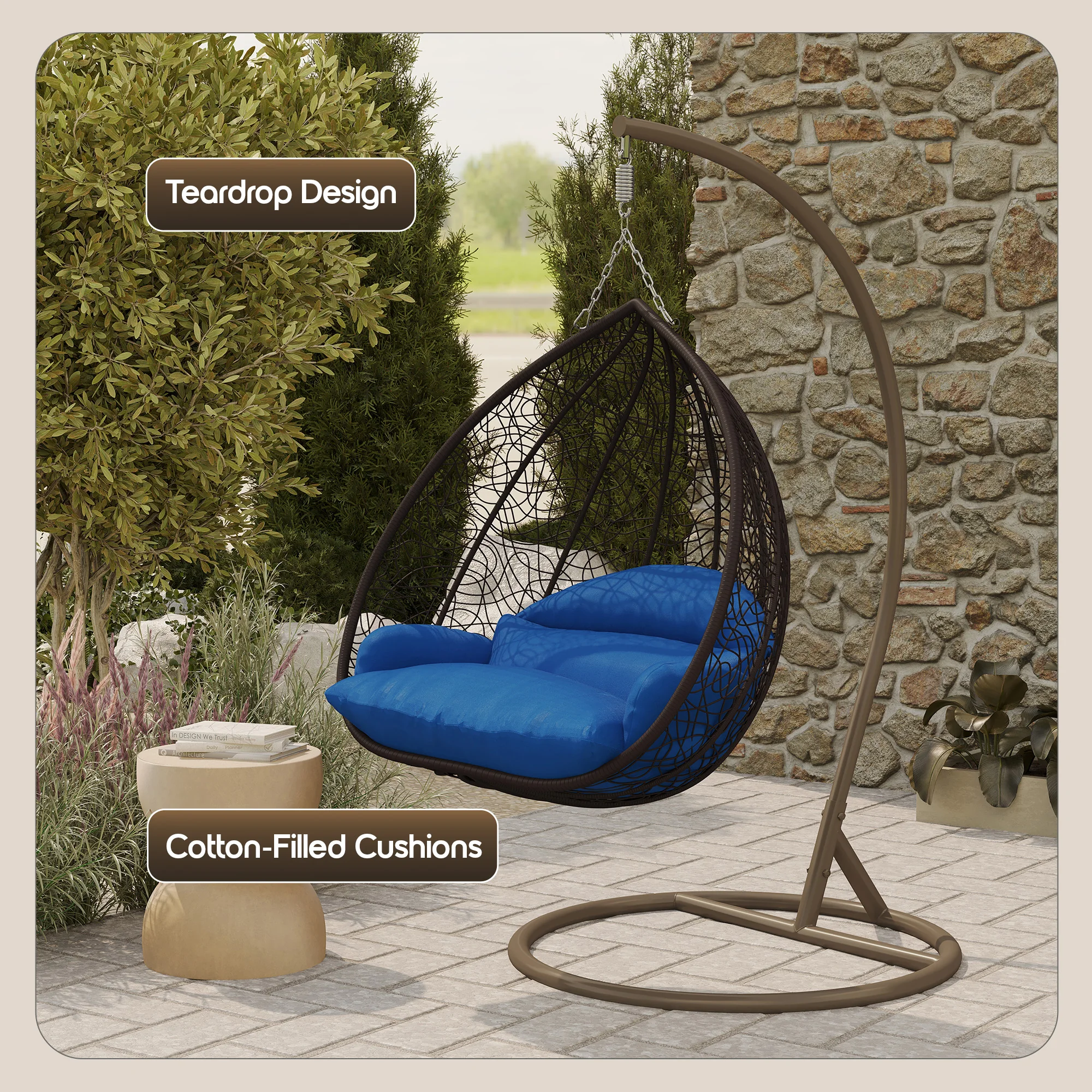 Recluse Collection Modern Outdoor Swing Chair Brown Frame with ES57 Blue Cushion