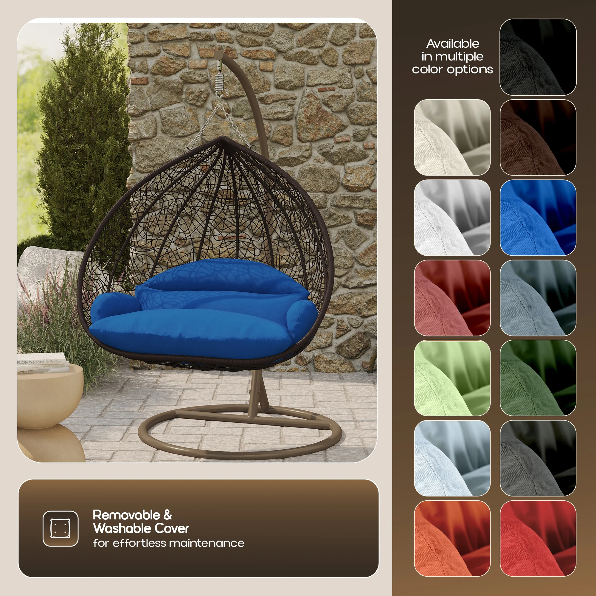 Recluse Collection Modern Outdoor Swing Chair Brown Frame with ES57 Blue Cushion