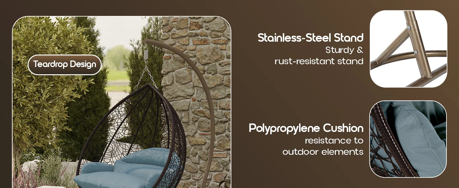 Recluse Collection Modern Outdoor Swing Chair Brown Frame with ES57 Charcoal Blue Cushion