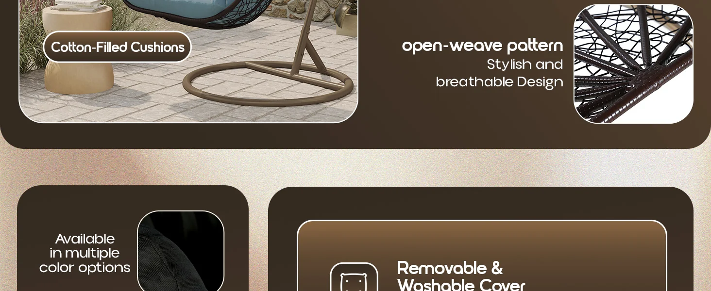 Recluse Collection Modern Outdoor Swing Chair Brown Frame with ES57 Charcoal Blue Cushion