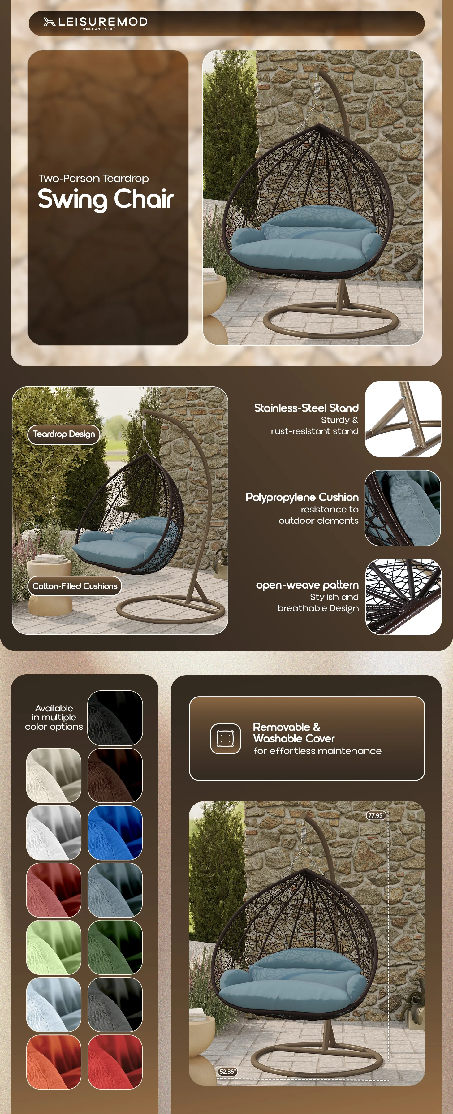 Recluse Collection Modern Outdoor Swing Chair Brown Frame with ES57 Charcoal Blue Cushion