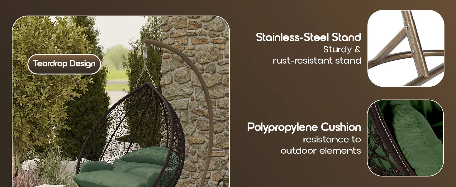 Recluse Collection Modern Outdoor Swing Chair Brown Frame with ES57 Dark Green Cushion