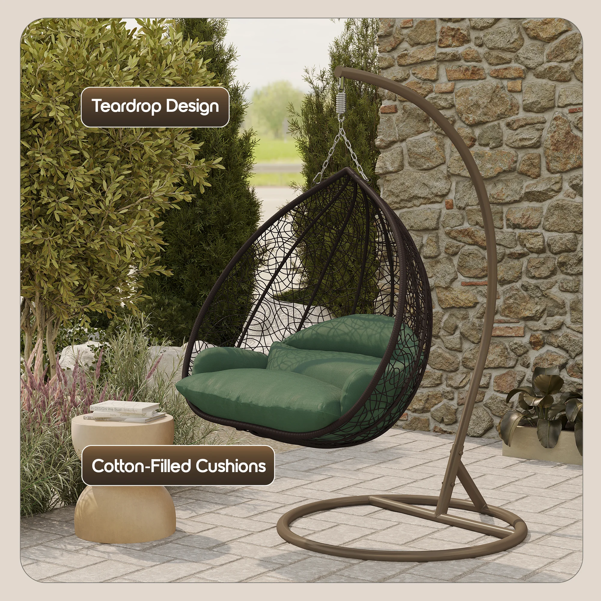 Recluse Collection Modern Outdoor Swing Chair Brown Frame with ES57 Dark Green Cushion