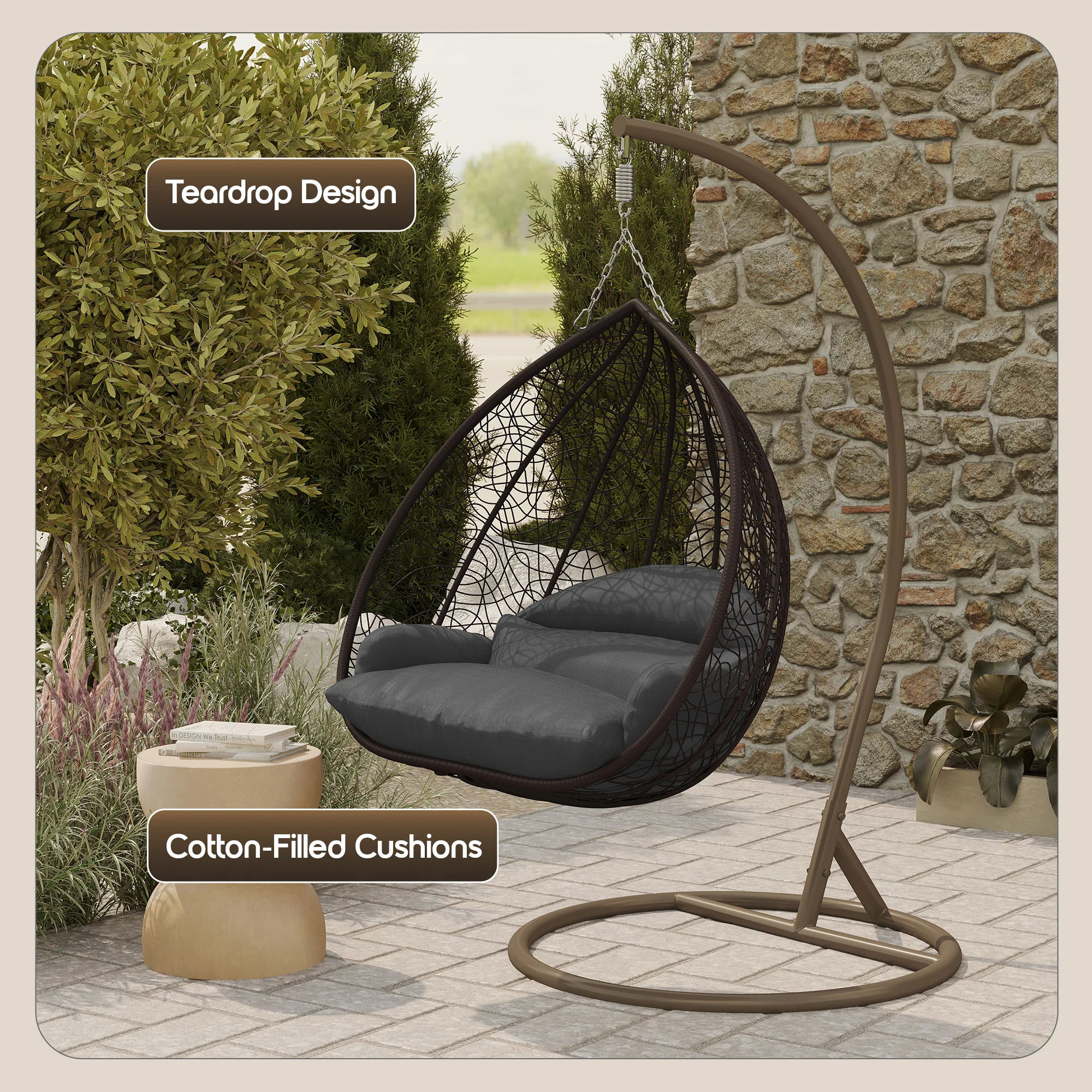 Recluse Collection Modern Outdoor Swing Chair Brown Frame with ES57 Dark Grey Cushion