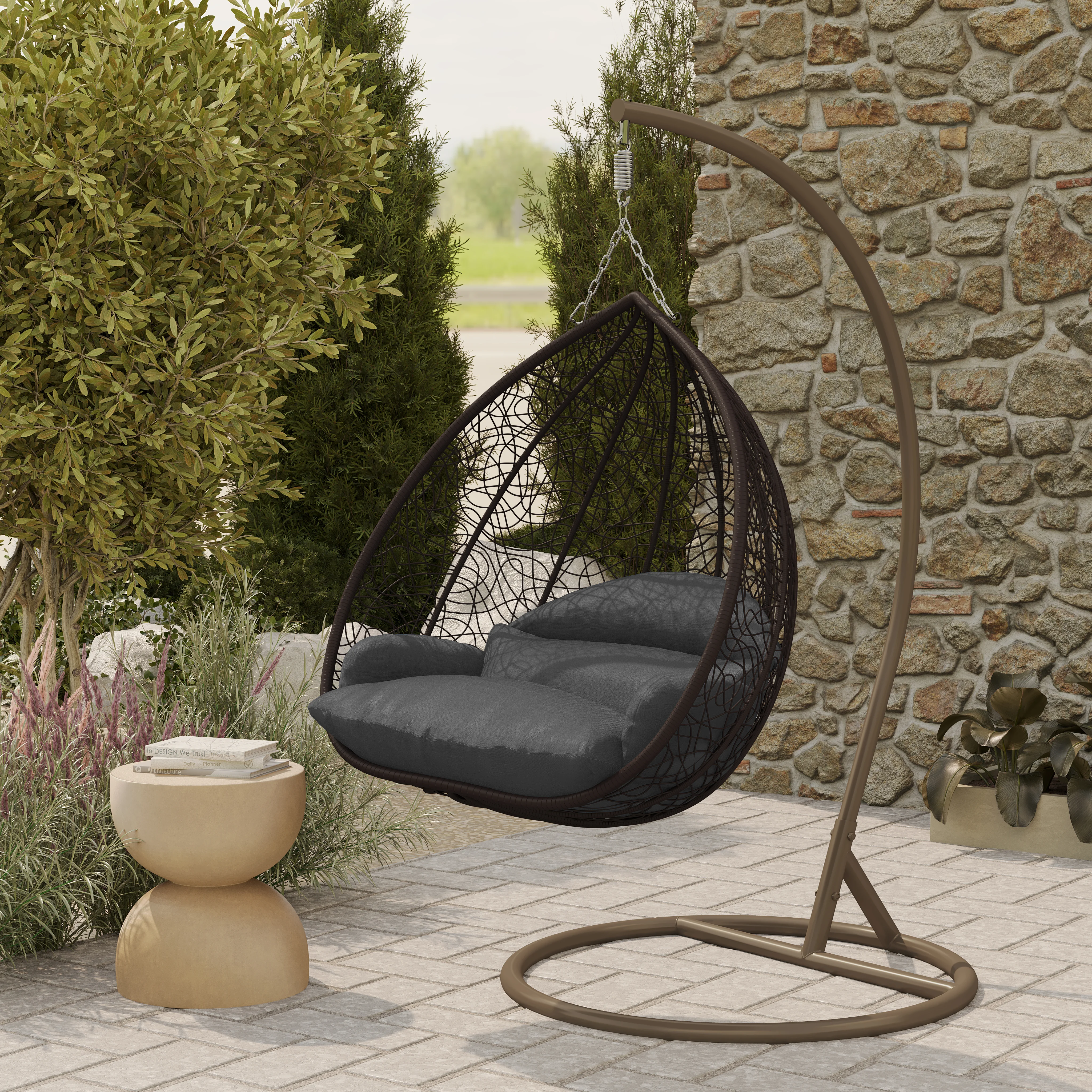 Recluse Collection Modern Outdoor Swing Chair Brown Frame with ES57 Dark Grey Cushion