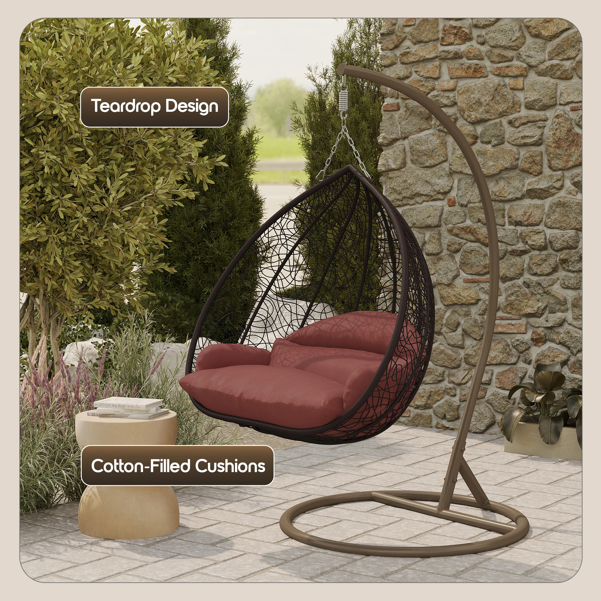 Recluse Collection Modern Outdoor Swing Chair Brown Frame with ES57 Dark Orange Cushion