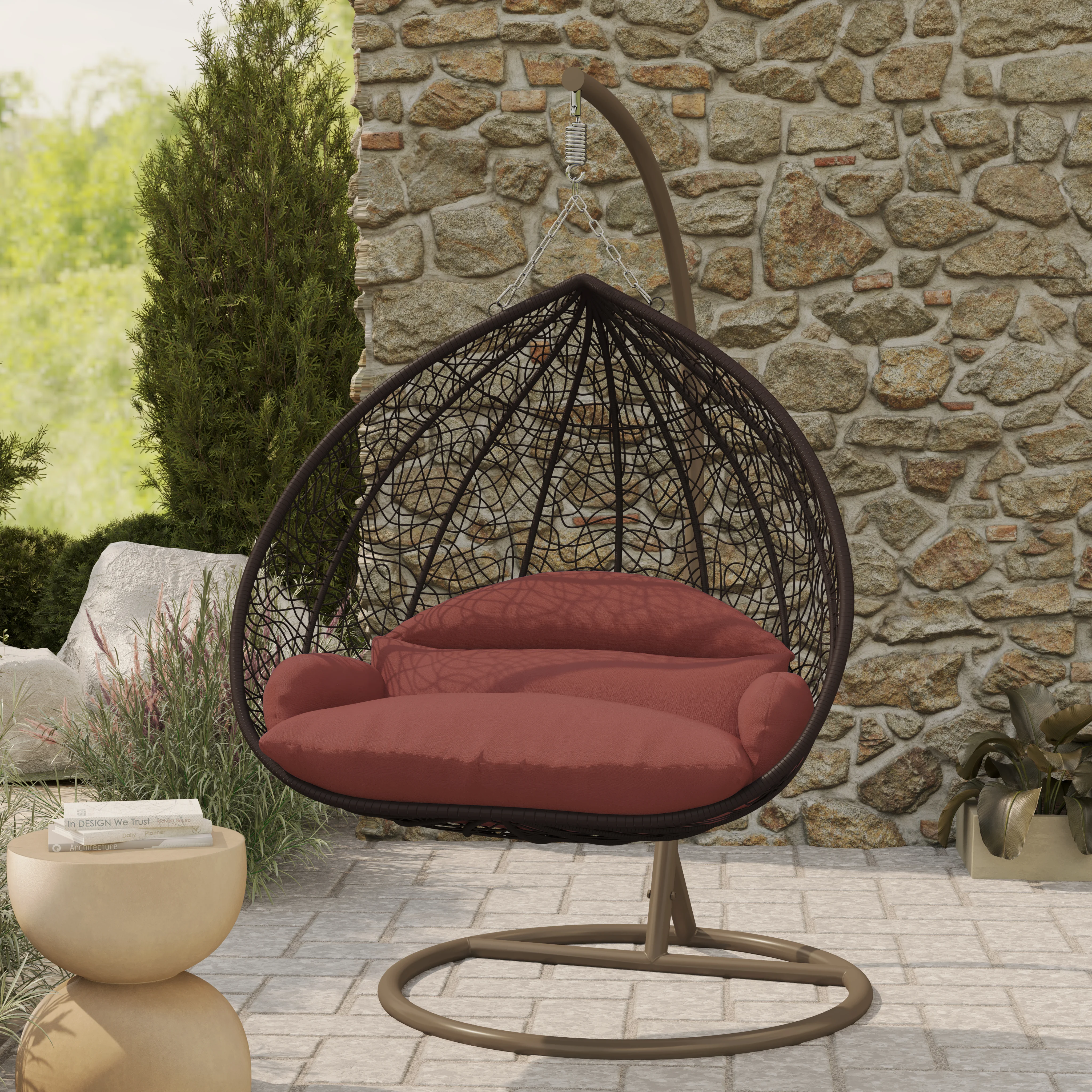 Recluse Collection Modern Outdoor Swing Chair Brown Frame with ES57 Dark Orange Cushion