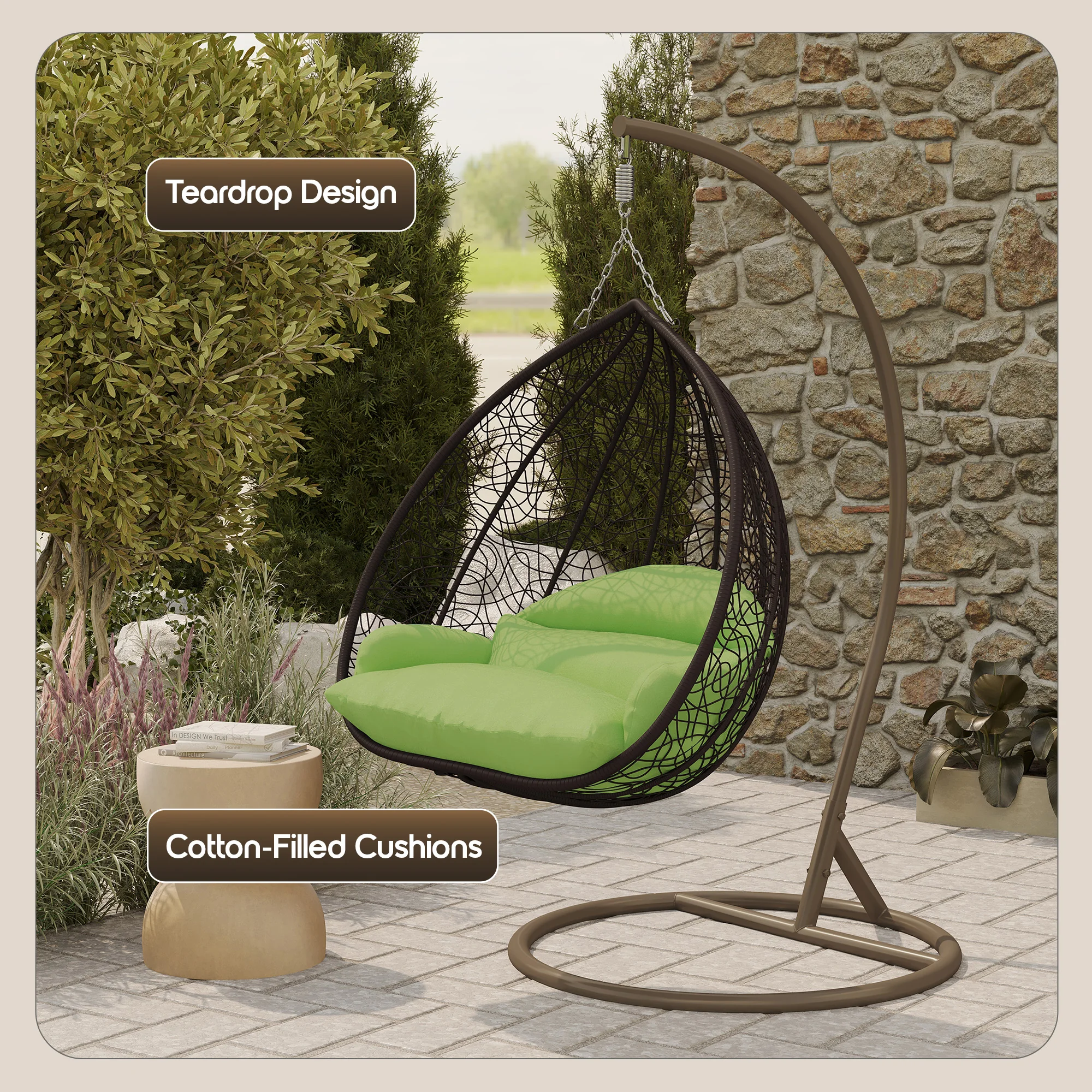 Recluse Collection Modern Outdoor Swing Chair Brown Frame with ES57 Light Green Cushion