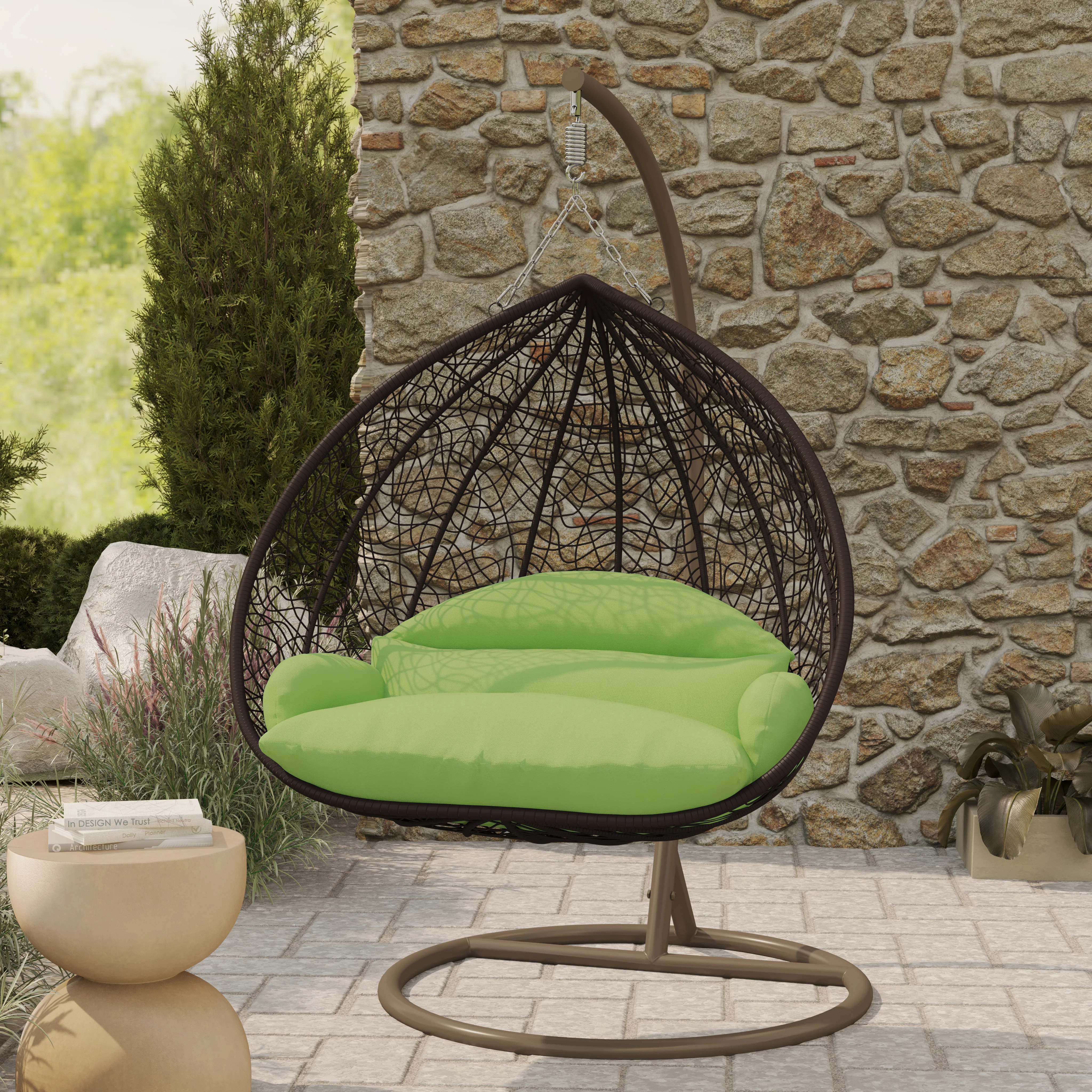 Recluse Collection Modern Outdoor Swing Chair Brown Frame with ES57 Light Green Cushion