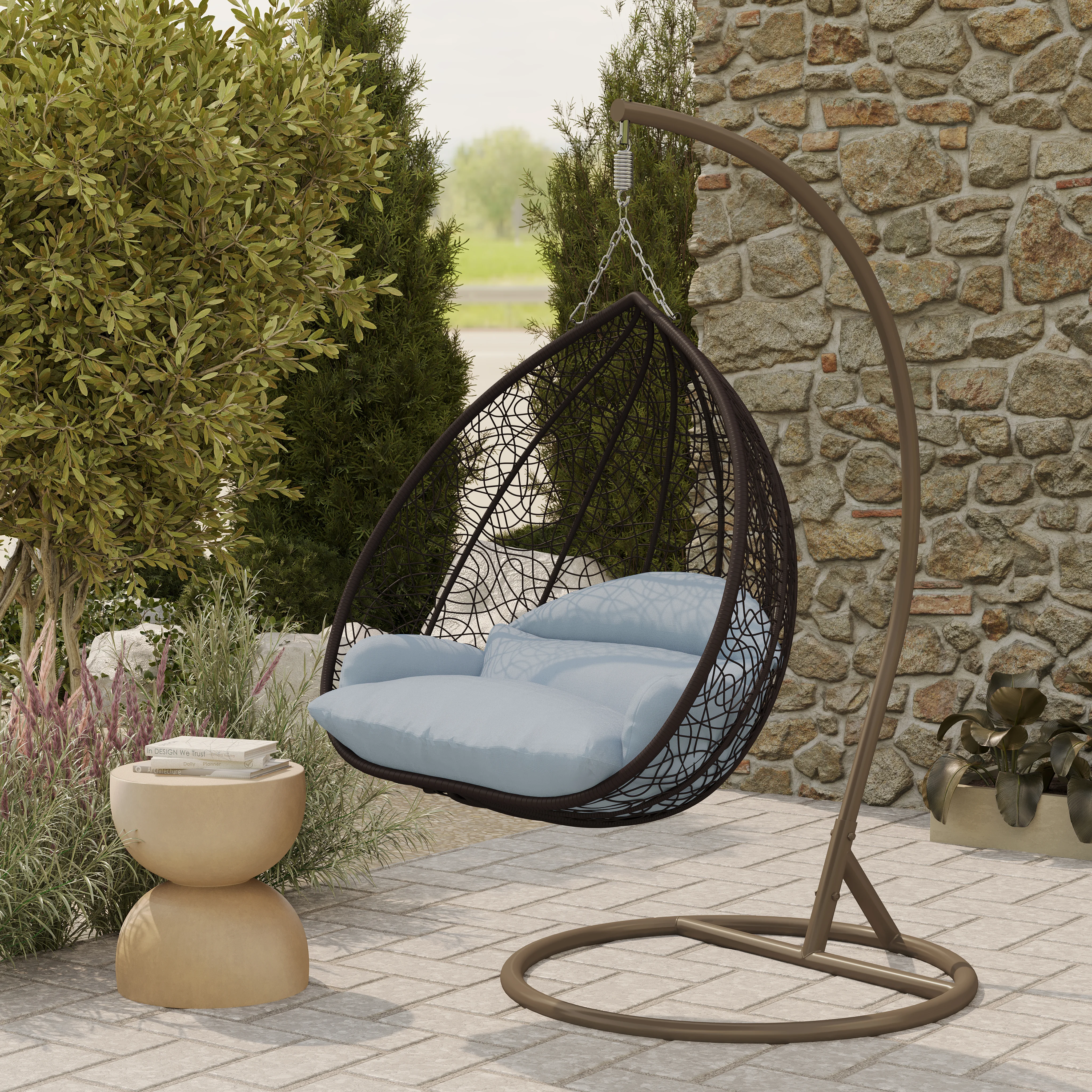 Recluse Collection Modern Outdoor Swing Chair Brown Frame with ES57 Light Grey Cushion