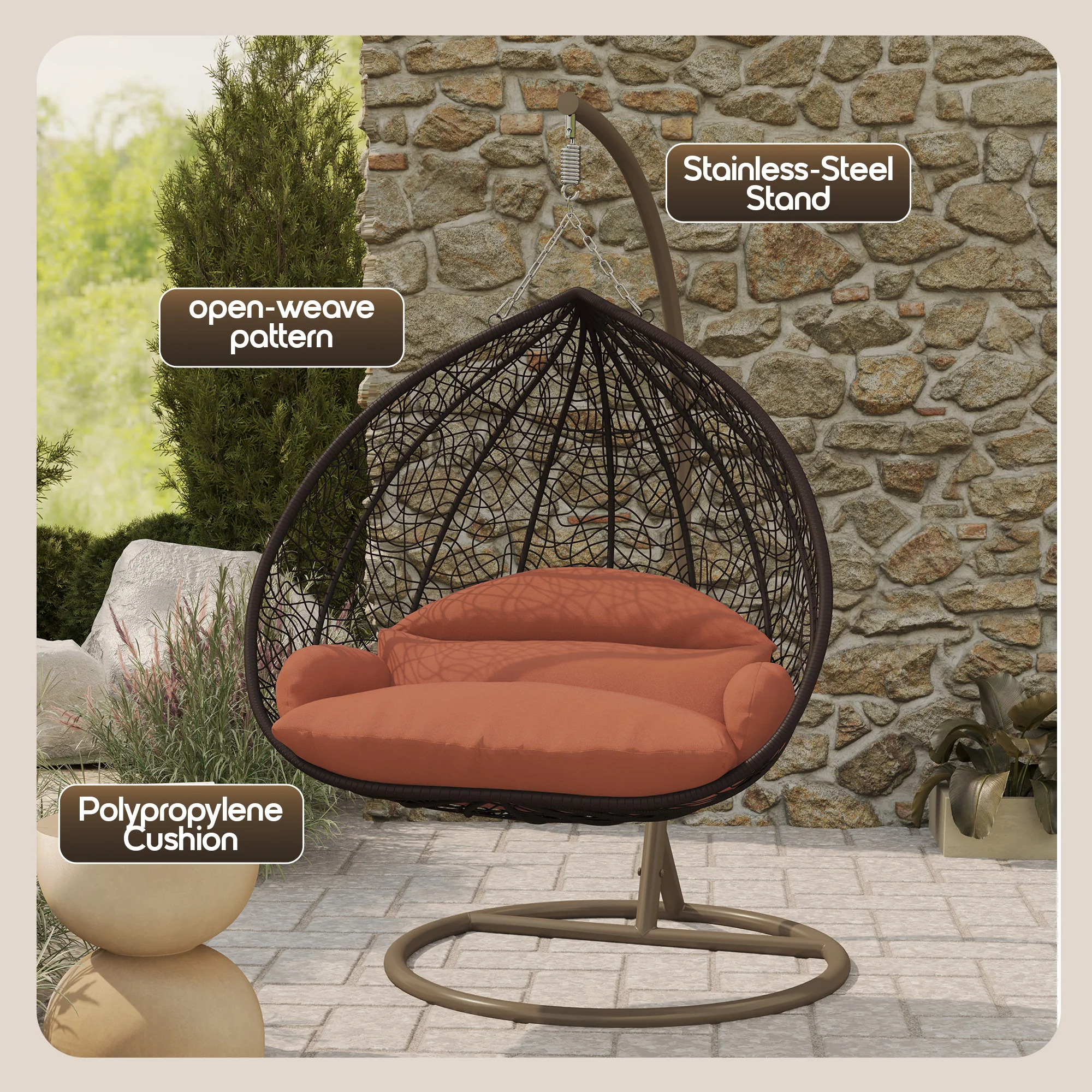 Recluse Collection Modern Outdoor Swing Chair Brown Frame with ES57 Orange Cushion