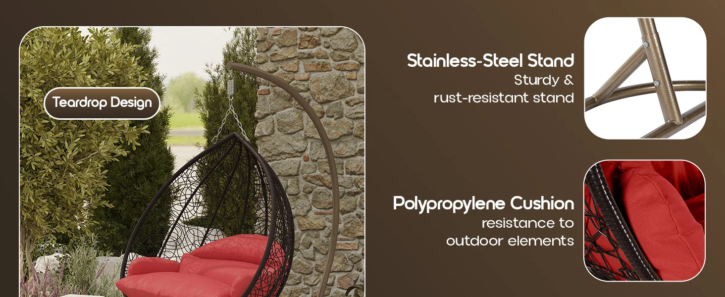 Recluse Collection Modern Outdoor Swing Chair Brown Frame with ES57 Red Cushion