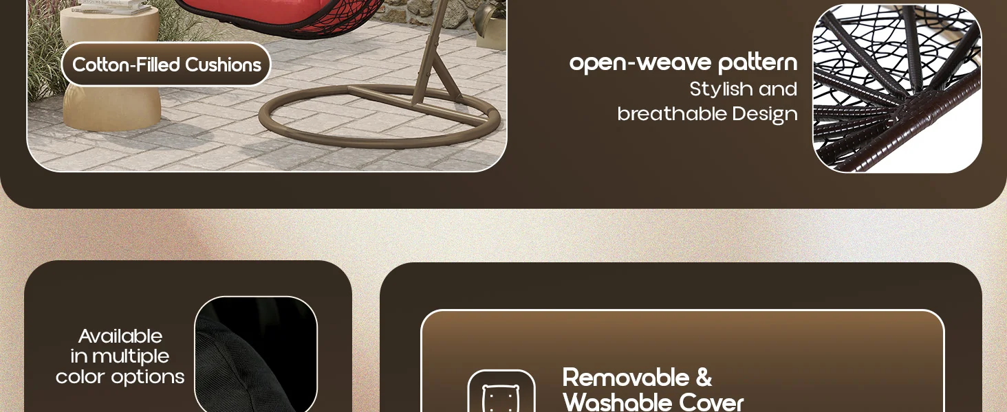 Recluse Collection Modern Outdoor Swing Chair Brown Frame with ES57 Red Cushion