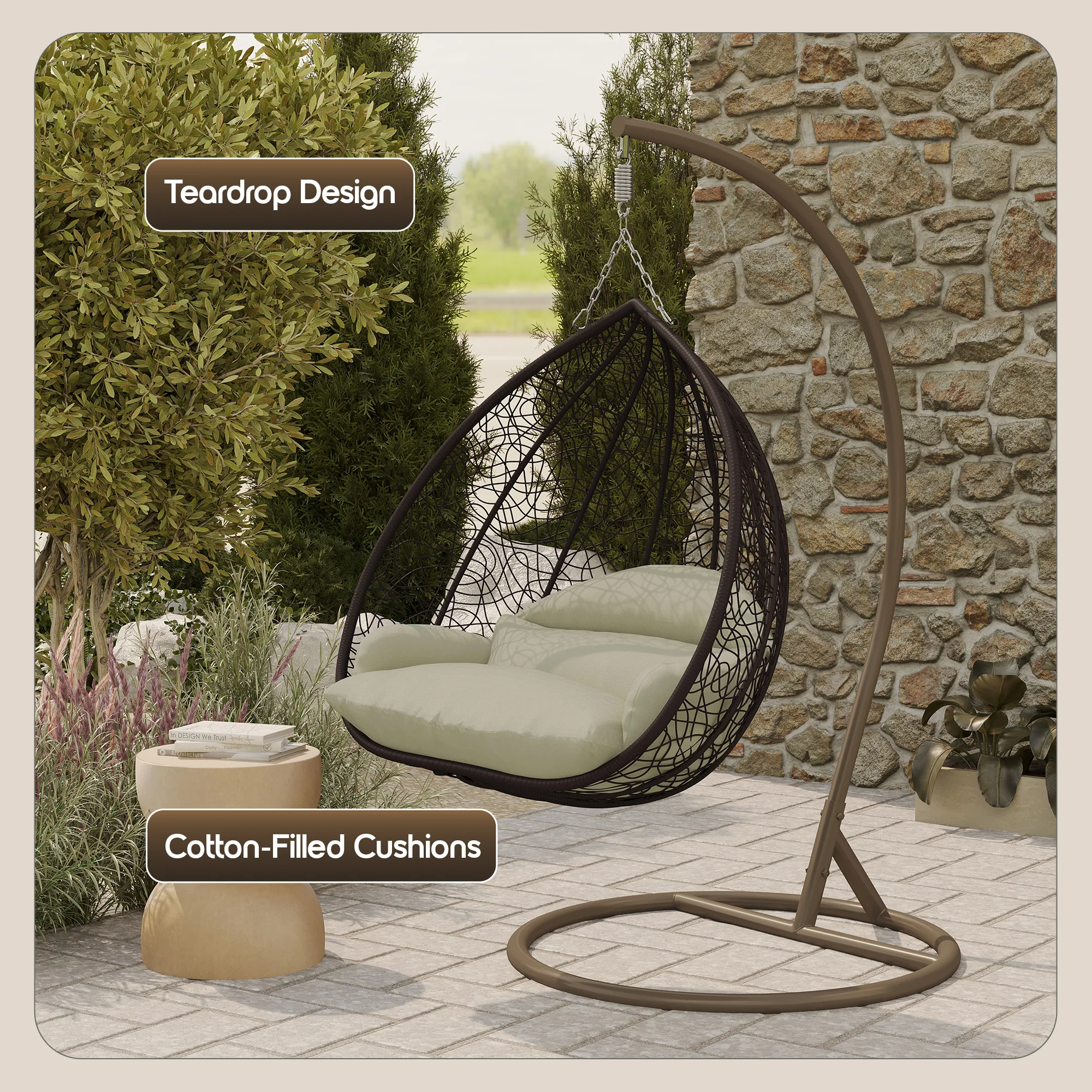 Recluse Collection Modern Outdoor Swing Chair Brown Frame with ES57 Taupe Cushion