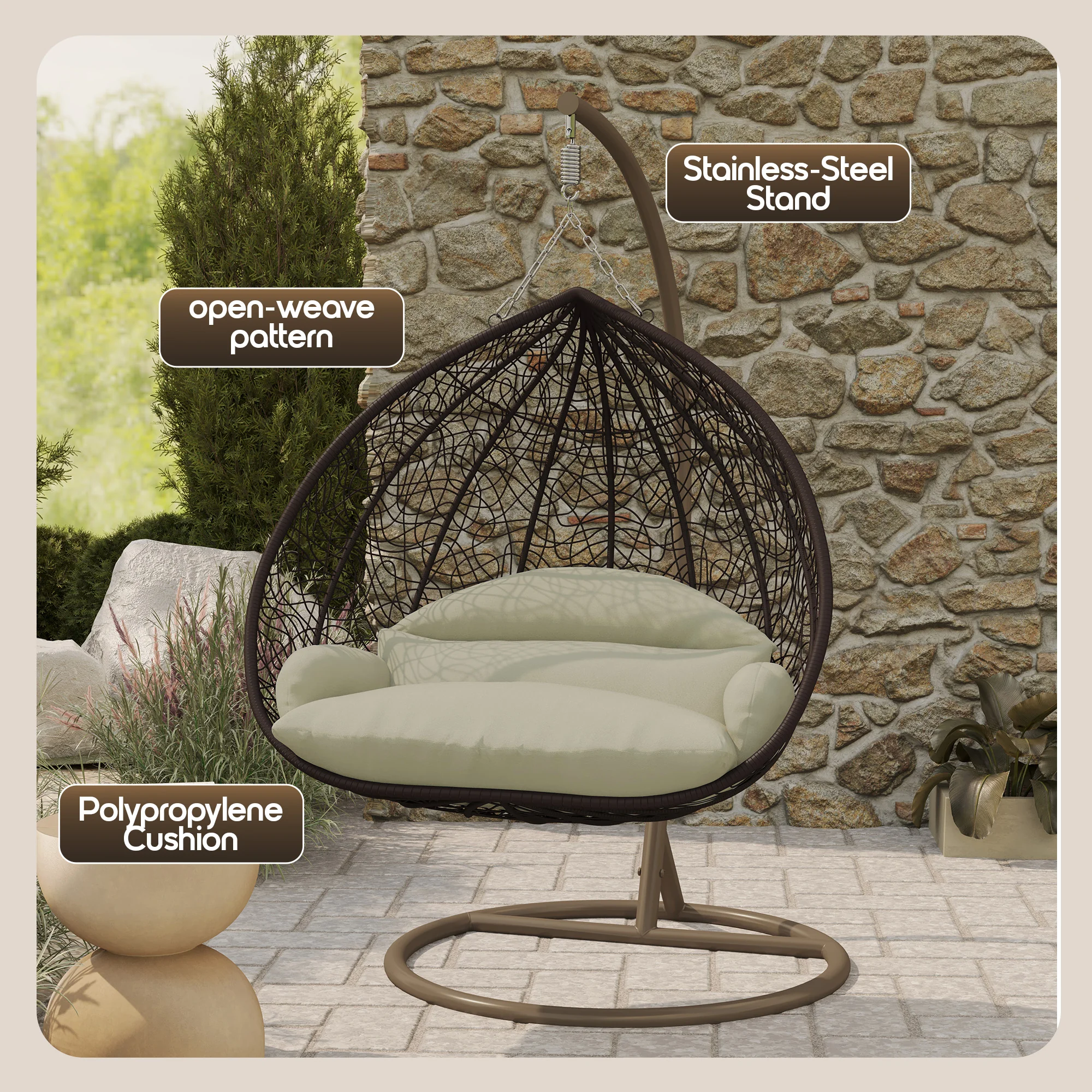 Recluse Collection Modern Outdoor Swing Chair Brown Frame with ES57 Taupe Cushion